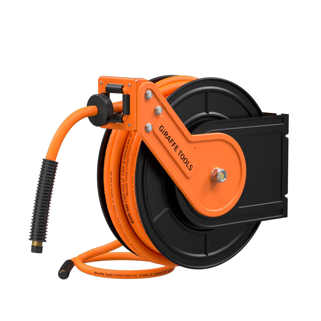 Giraffe Tools Retractable Air Hose Reel, 3/8" Hybrid Hose, Air Compressor Heavy Duty Steel Reel Auto Rewind 300PSI, Wall Mount, 25ft