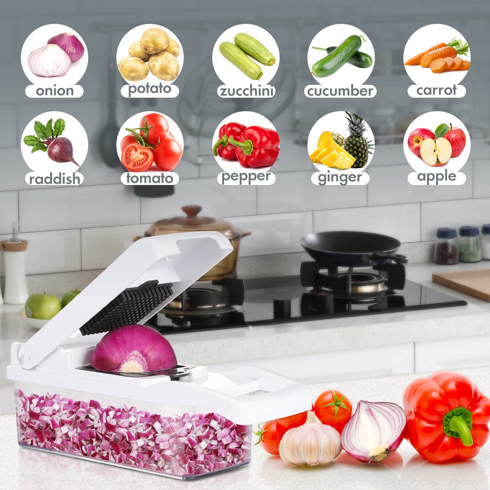 Ourokhome Vegetable Chopper Onion Cutter, 12 in 1 Professional Mandoline Slicer for Kitchen, Multifunctional Food Chopper for Potato, Tomato, Veggie with Strainer Basket, 8 Blades, Blue