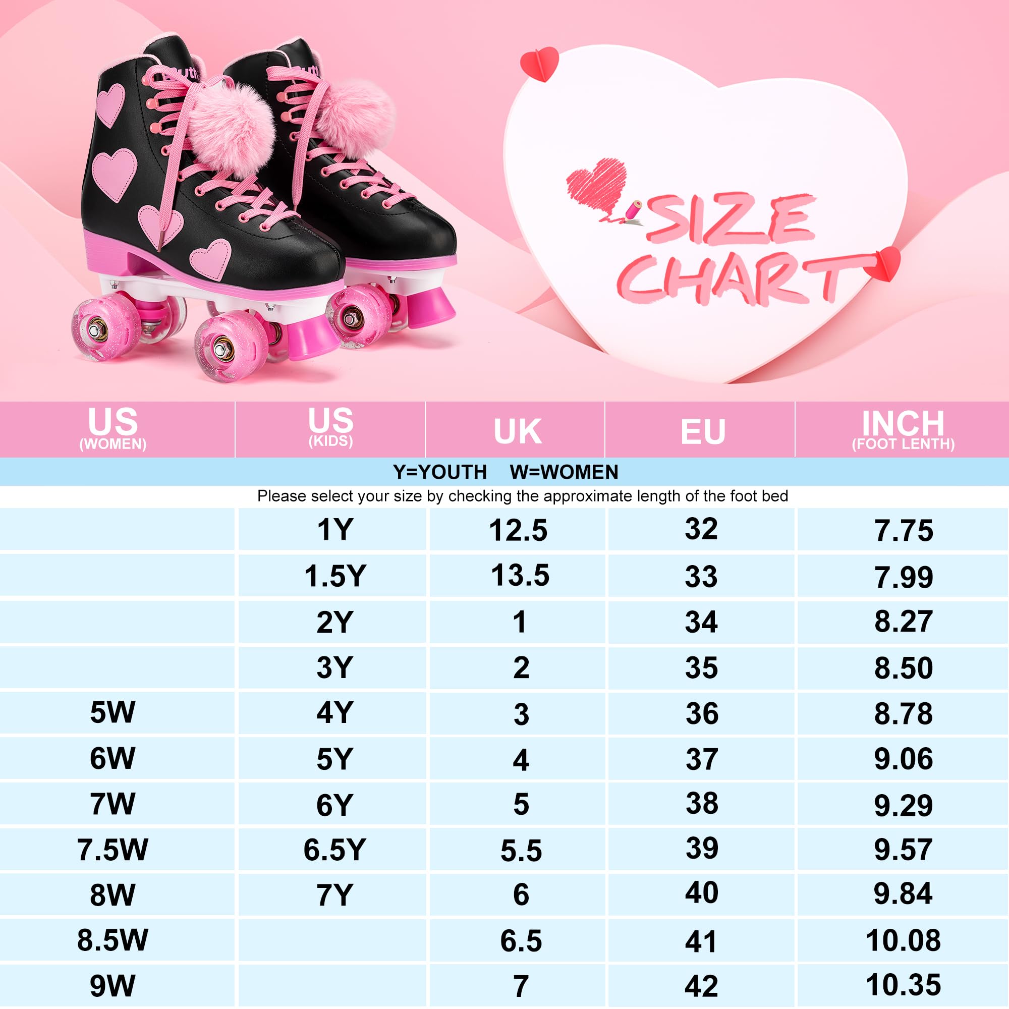 Ruthfot Women's and Girl's Classic Roller Skates with Light up Wheels and Love Heart Pattern, High-top PU Leather Rollerskates…