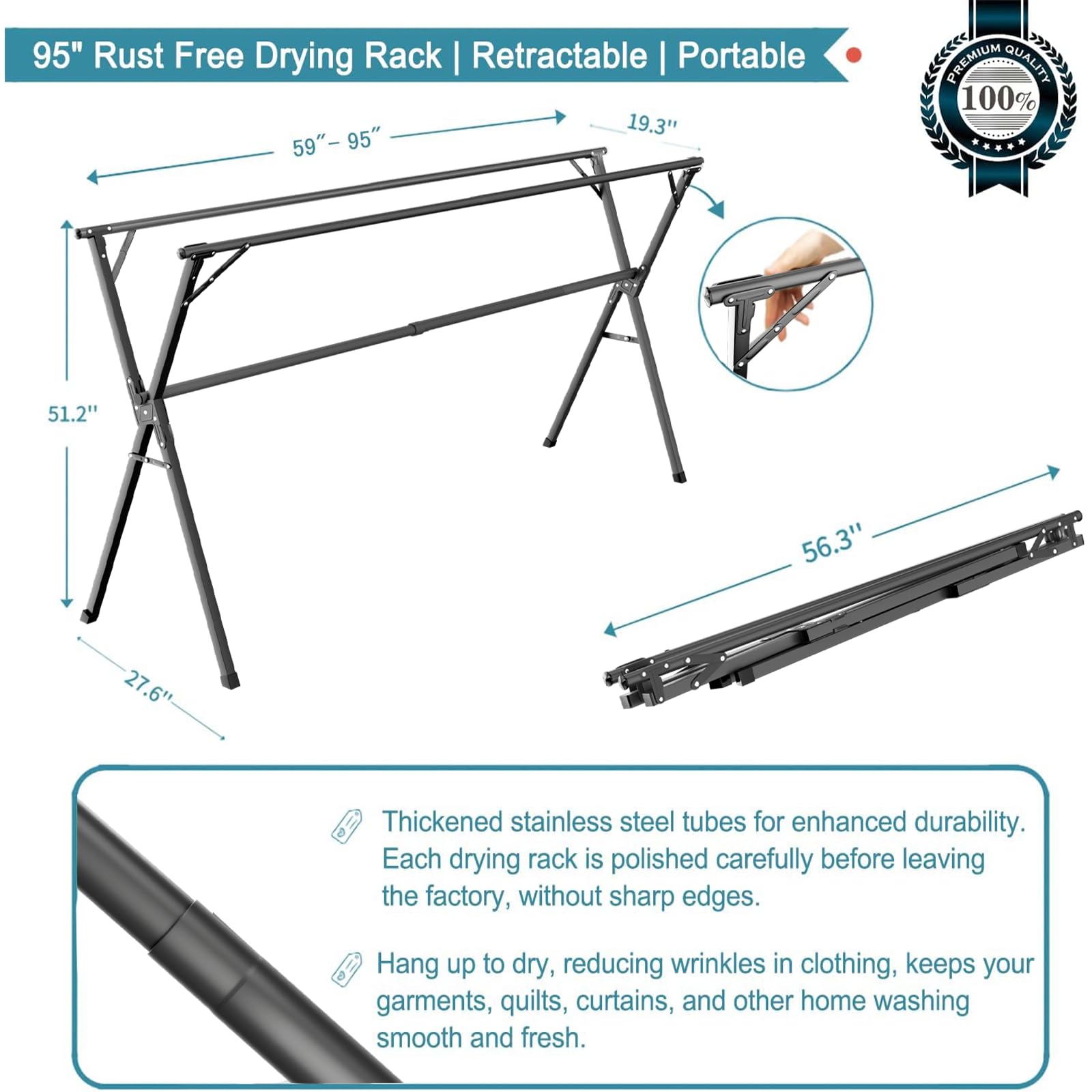 JAUREE 95 Inches Clothes Drying Rack, Drying Rack Clothing Folding Indoor Outdoor, Heavy Duty Stainless Steel Laundry Drying Rack, Foldable Portable Clothes Rack Garment Rack with 20 Hooks Black