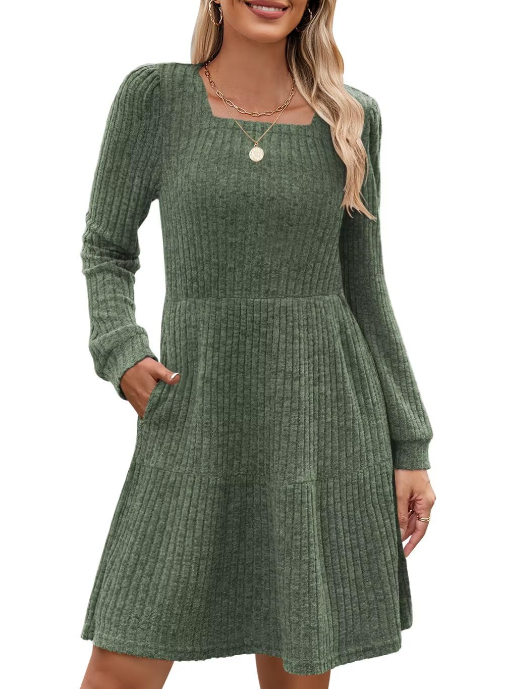QACOHU Falll Dresses for Women 2026 Crew Neck Long Lantern Sleeve Casual Loose Flowy Swing Shift Dress
