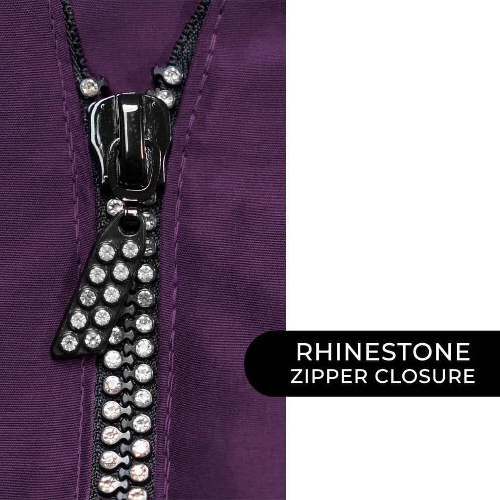 Betty Dain Glitz Rhinestone Zipper Salon Stylist Vest, Rhinestone Closure and Iridescent Fabric, V-Neckline, Adjustable Belt, Pockets with Zippered Bottoms, Water Resistant Lightweight, Black, XS