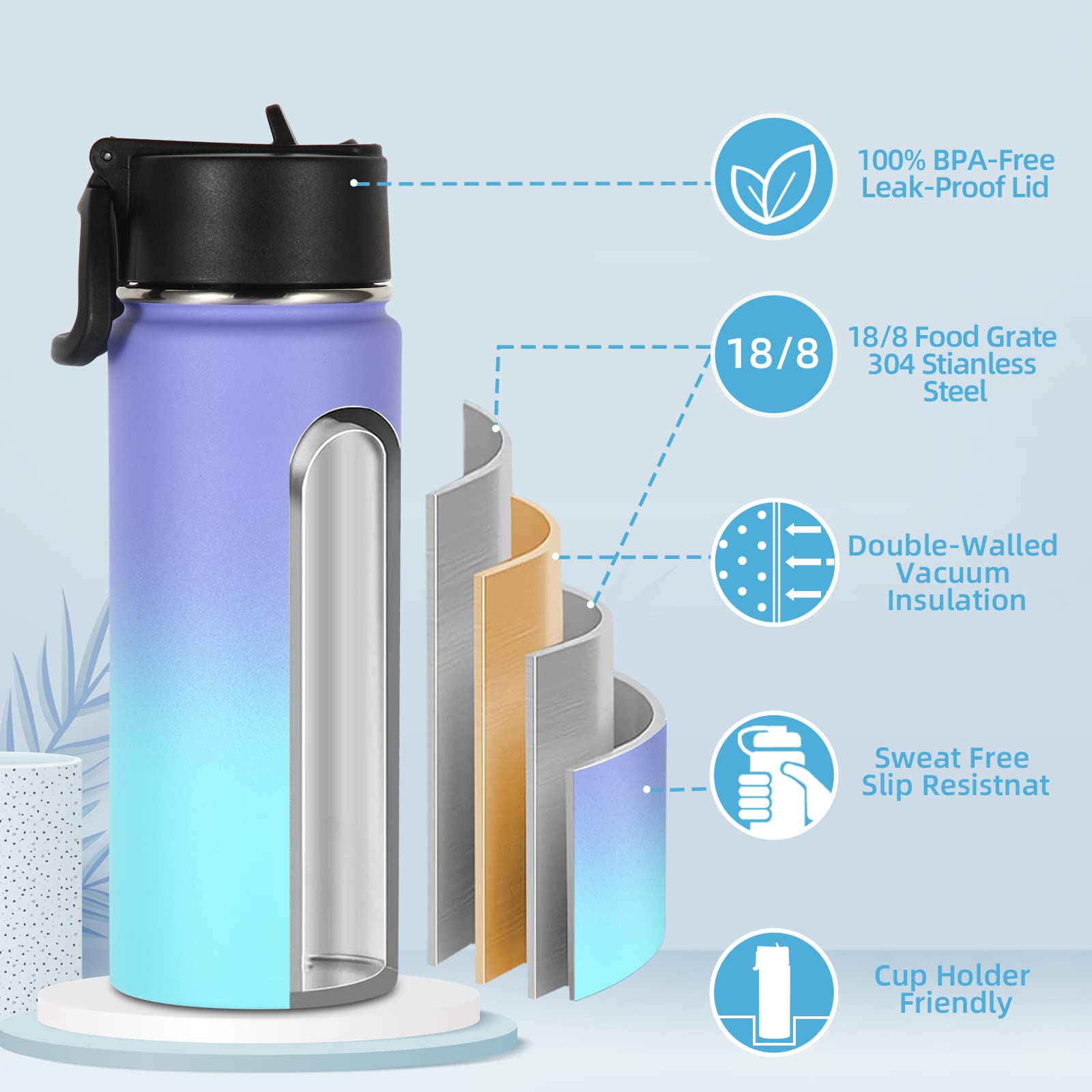 Volhoply Kids Insulated Water Bottle with Straw,16oz Stainless Steel Cold Water Bottles for School,BPA-Free Metal Wide Mouth Cups with Handle Lid,Reusable Double Wall Vacuum Sport Flask(Black,1)