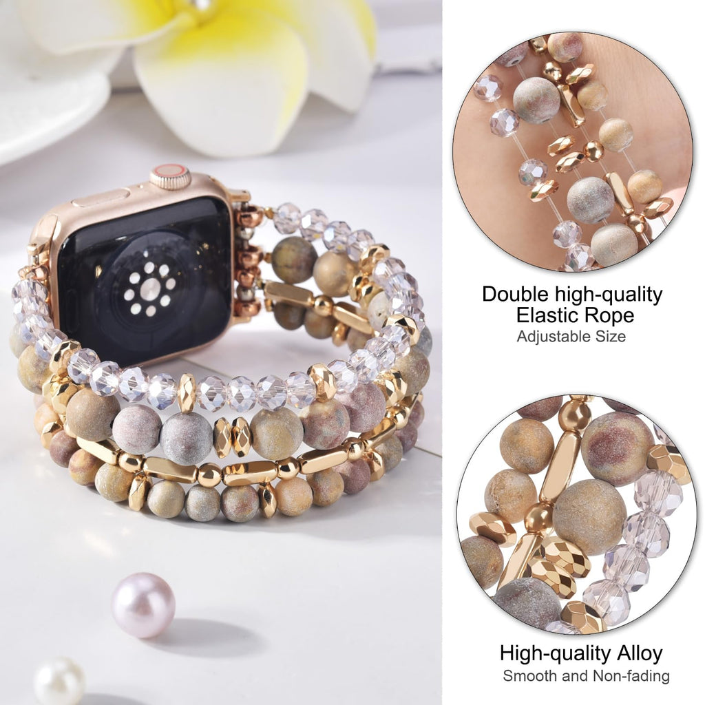 VISOOM Beaded Boho Bracelet Compatible for Apple Watch Band 40mm/38mm/41mm/42mm Series 11 10 9 8 7 SE Series 6/5/4 Women Fashion Cute Handmade Crystal Beads Stretchy Watch Strap for iWatch Bands 3/2/1