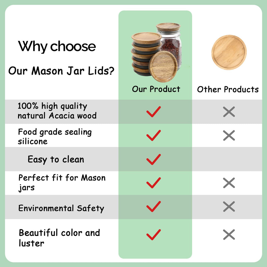 6 Pack Wide Mouth Mason Jar Lids Reusable canning lids Acacia Wooden mason jar Lids with Airtight Silicone Seal, Brown (6PCS Wide Lids)