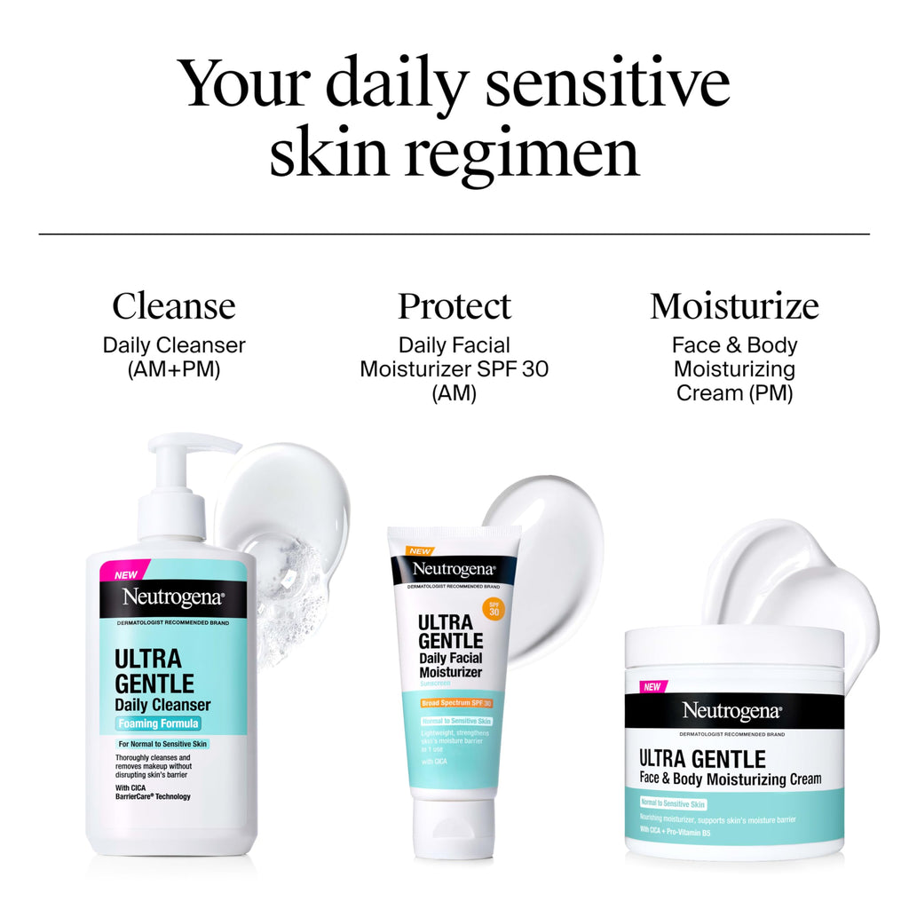 Neutrogena Ultra Gentle Foaming Facial Cleanser, Fragrance Free Hydrating Face Wash for Sensitive Skin, Daily Non Over Drying Makeup Remover, Hypoallergenic, Soap & Dye Free, Non-Comedogenic, 16 Fl Oz