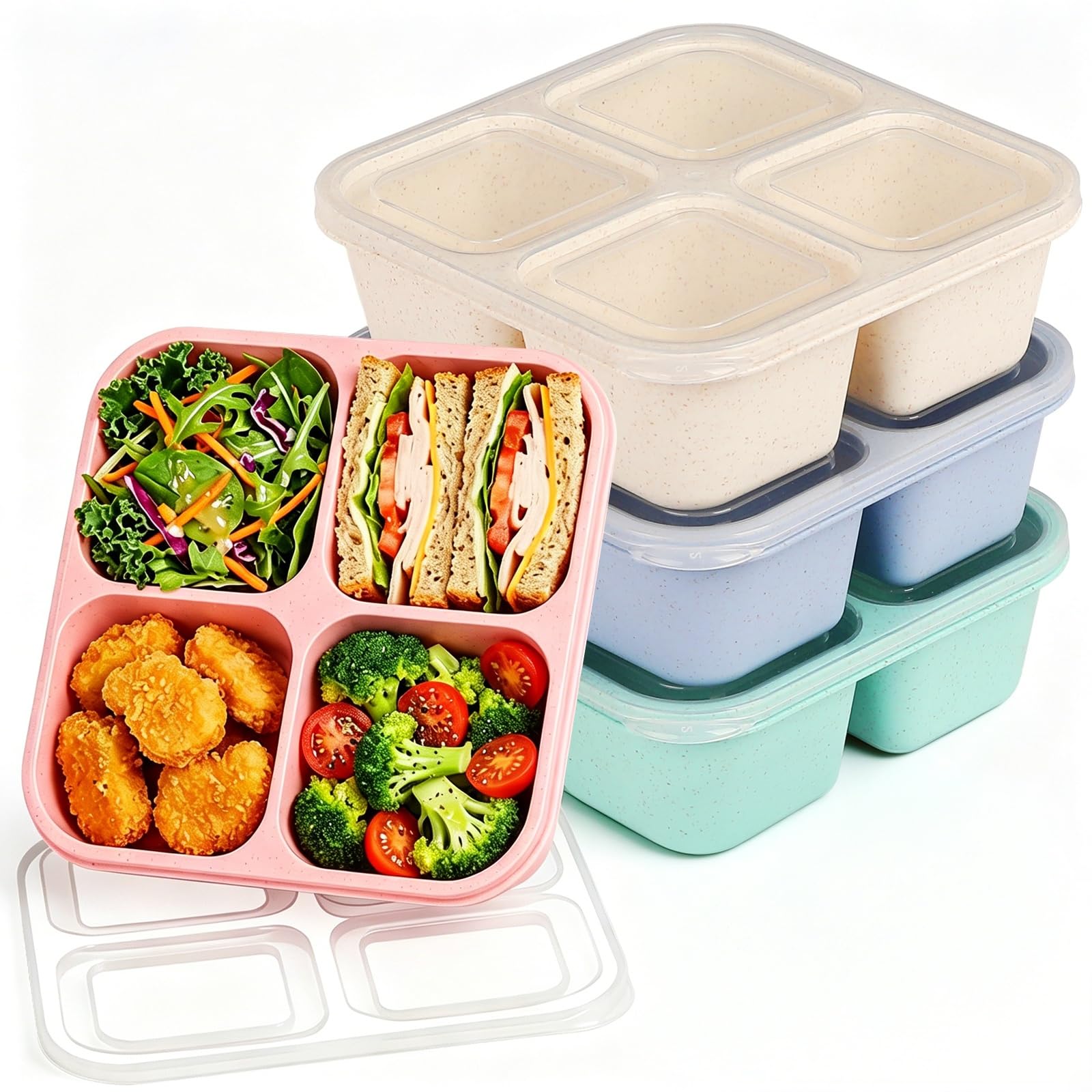 buluker 4 Pack Bento Snack Containers Set， 4 Compartment Food Storage Containers ，Wheat Straw Meal Prep Lunch Box ，Plastic Food Storage container, Microwave and Dishwasher Safe (4colour)