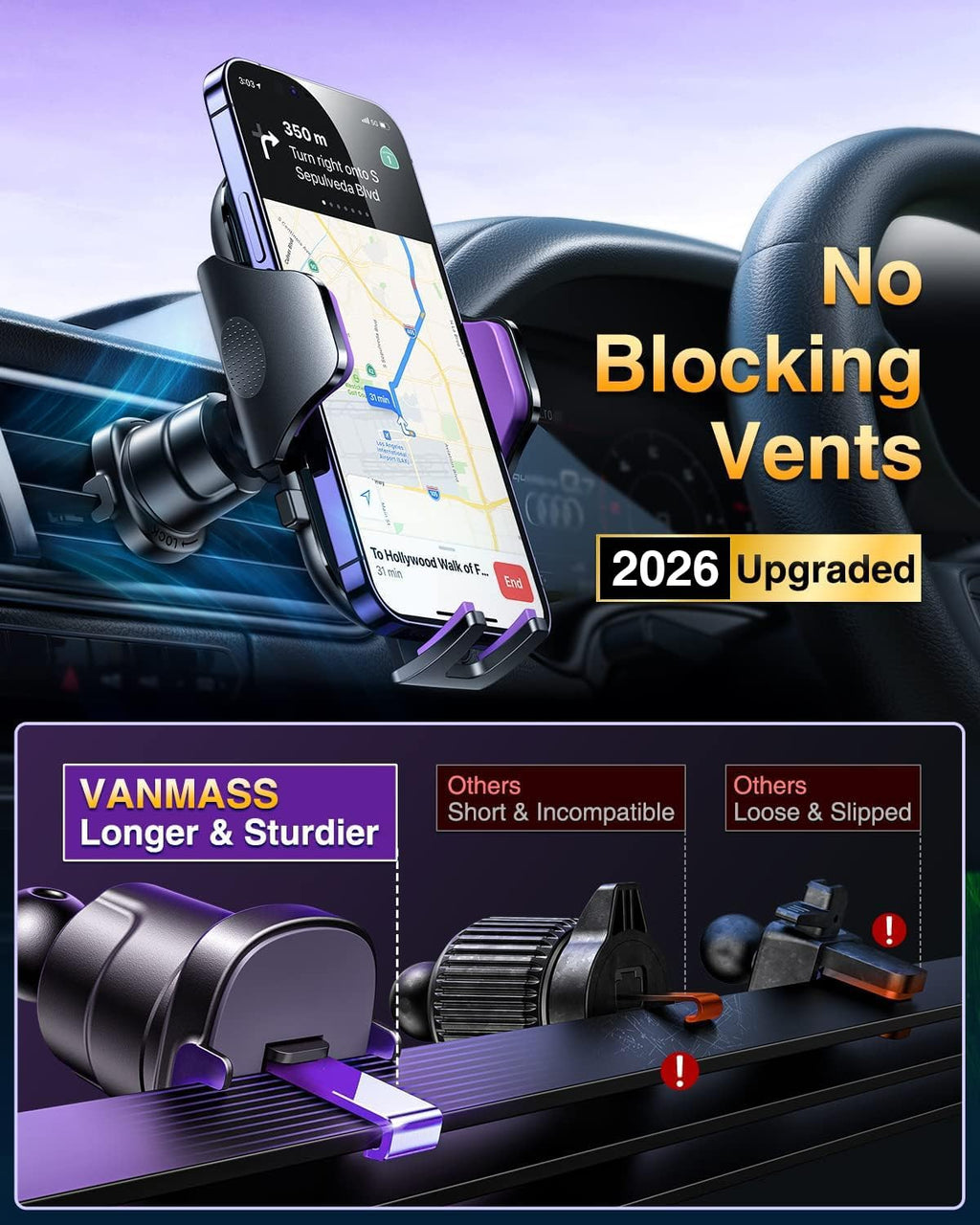 VANMASS [True Military-Grade] Car Phone Holder [Best Suction & Clip] Cell Phone Mount for Dashboard Windshield Vent Truck Cradle Dash Stand for iPhone 15 Pro Max 14 13 12 Android, Blue