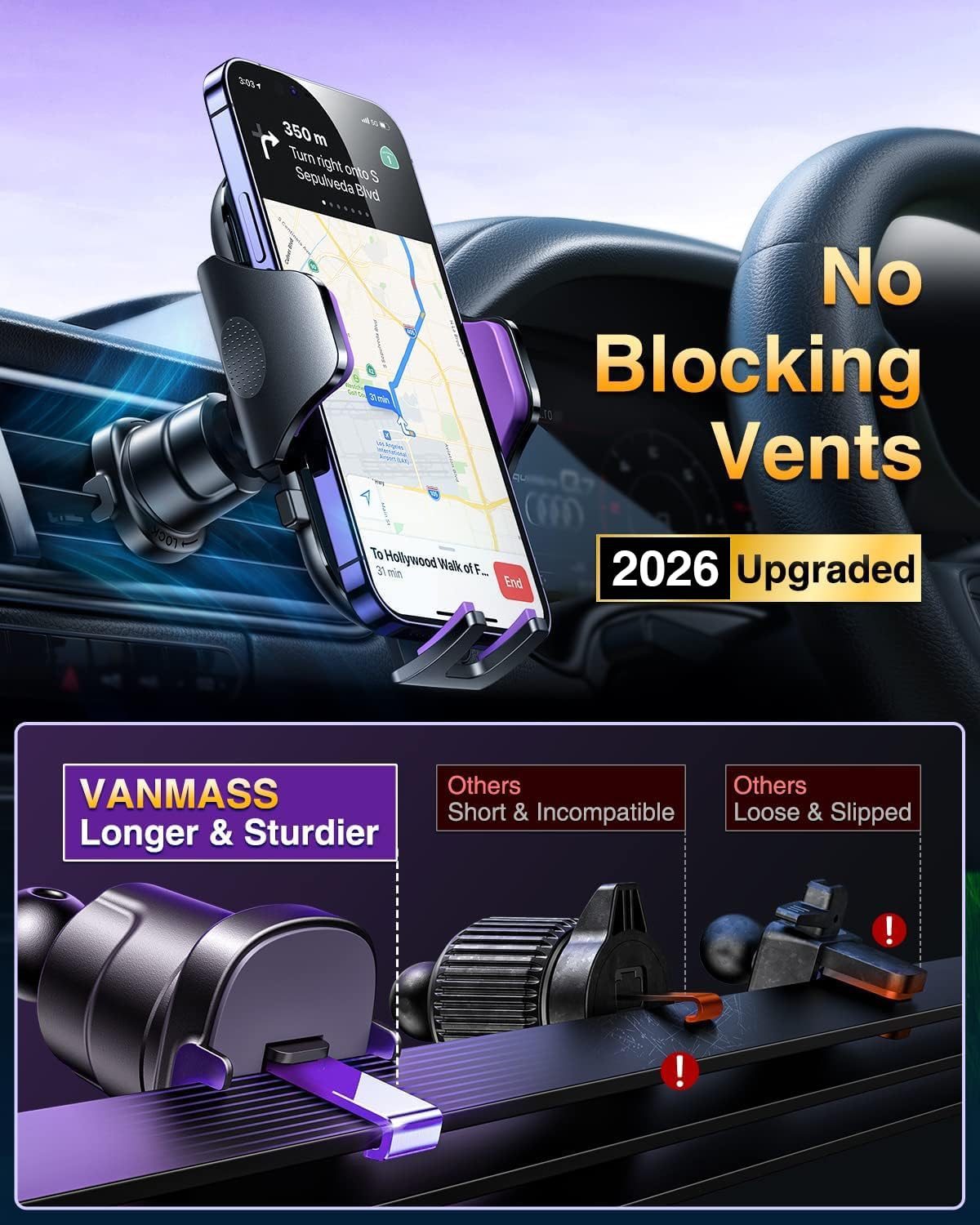 VANMASS [True Military-Grade] Car Phone Holder [Best Suction & Clip] Cell Phone Mount for Dashboard Windshield Vent Truck Cradle Dash Stand for iPhone 15 Pro Max 14 13 12 Android, Blue