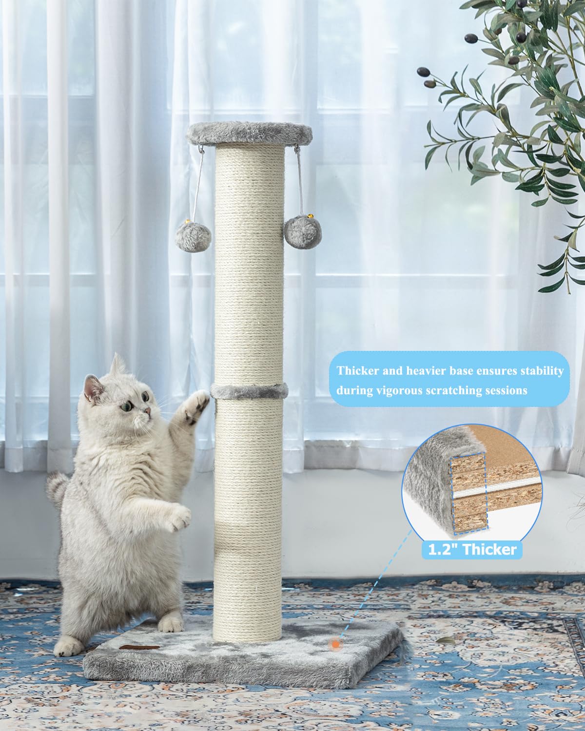 34Inch Tall Cat Scratching Post,4.3Inch Diameter Large Sisal Cat Scratch Post with Ball, Sturdy and Durable Cat Scratcher for Indoor Cats Adults Black