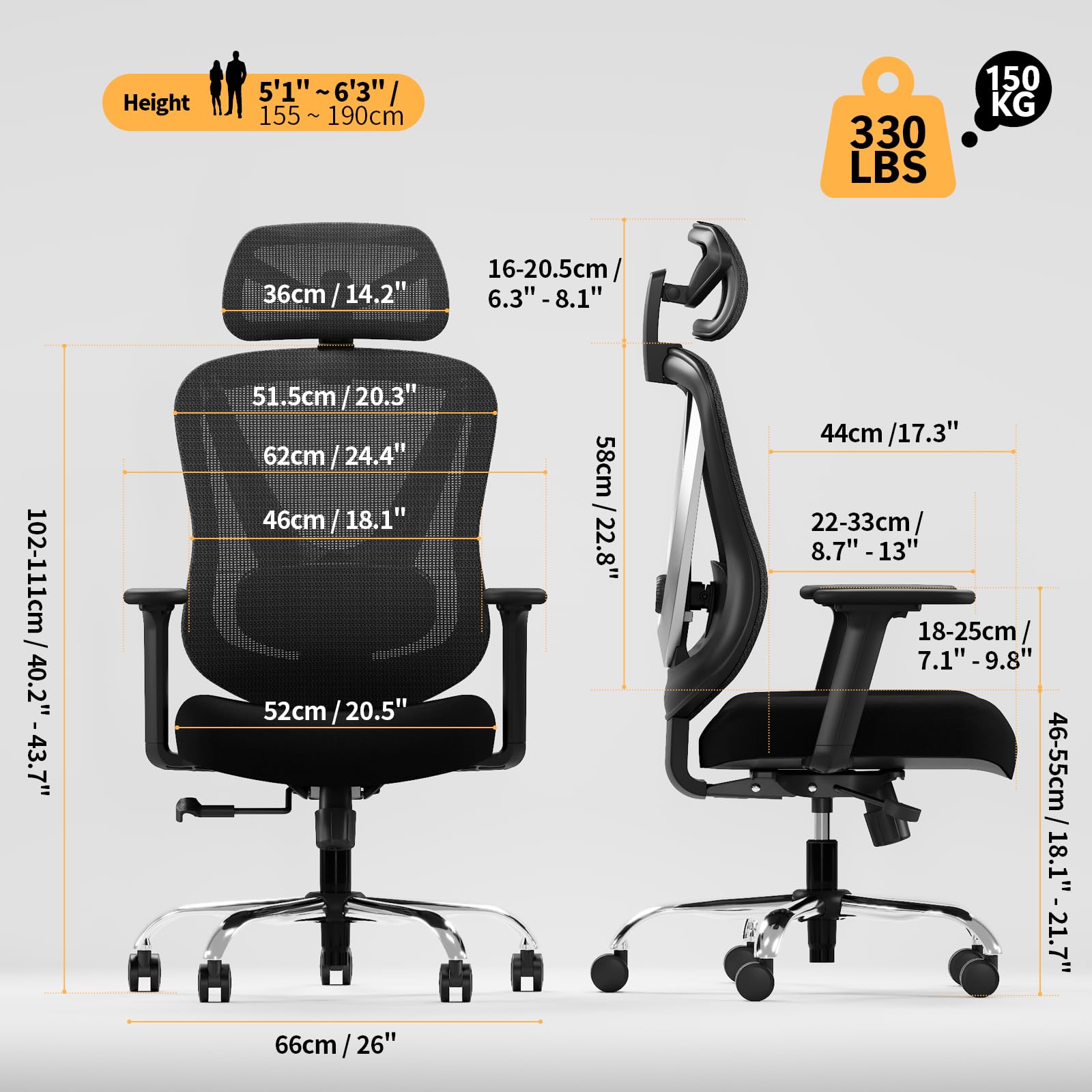 HOLLUDLE Ergonomic Mesh Office Chair - 3D Adjustable Lumbar Support & 3D Armrests, V-Shaped Back, Adjustable Desk Chair for Office & Home, Black