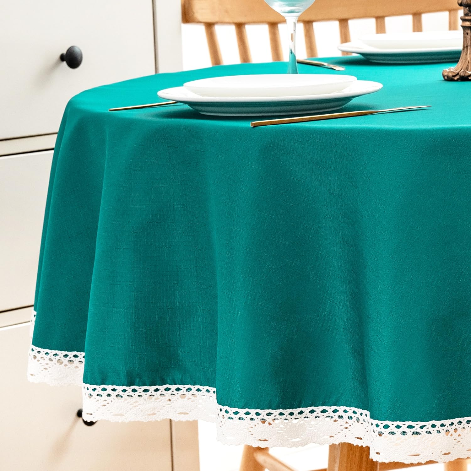 EHouseHome Faux Linen Tablecloth with Lace Trim - Waterproof/Spill Proof/Stain Resistant/Wrinkle Free/Oil Proof - for Banquet, Parties,Dinner,Kitchen,Wedding,Holiday,Blue Fog,Square 52X52Inch