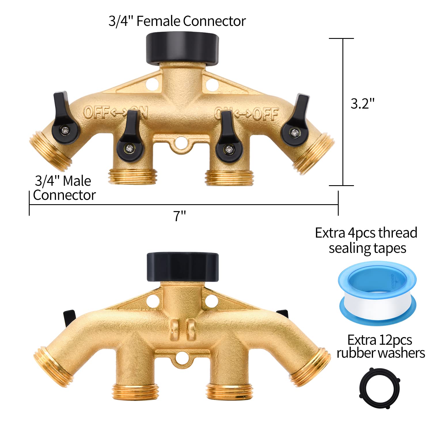 1/2/4 Pack 2 Way Hose Splitter, for 3/4" Hose Connector, with Rubber Washers & Tapes