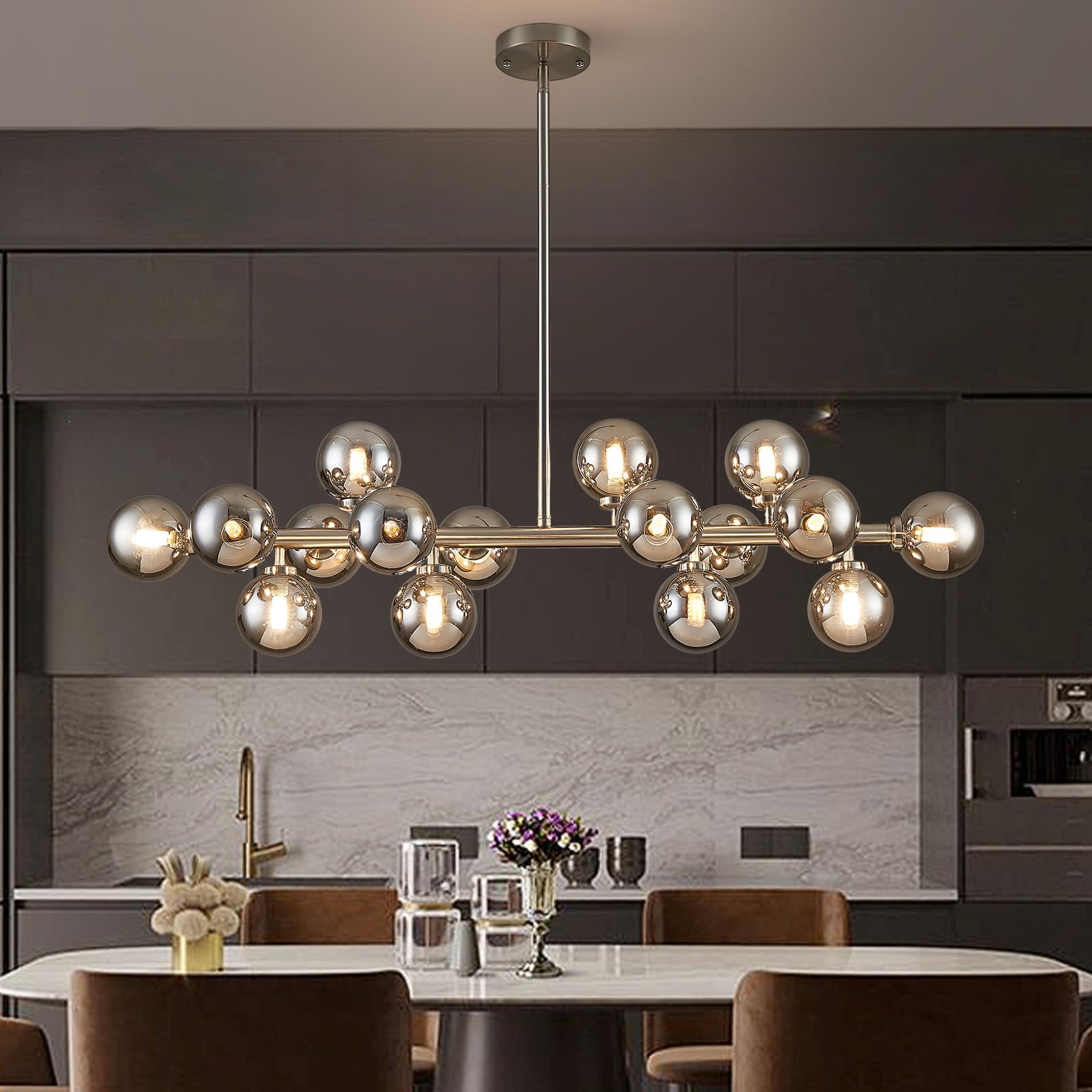 Modern Linear Chandeliers for Dining Room, 8-Light Globe Sputnik Pendant Ceiling Light, Black Dining Room Light Fixture Over Table, Mid Century Glass Milk White Bubble, 31.5 Inch, GC-09