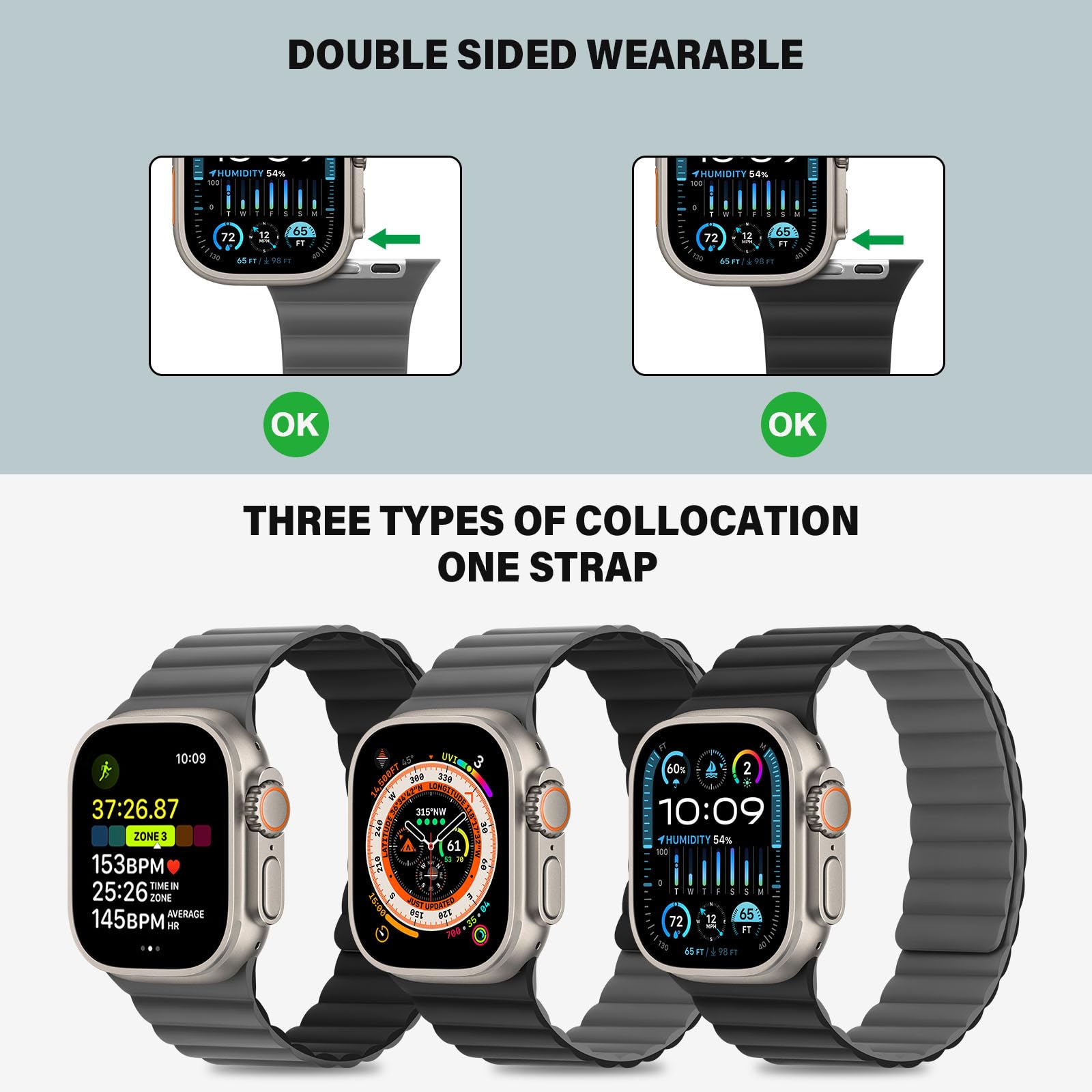 Bisikor Compatible with Apple Watch Band 49 46 45 44 42 41 40 38mm, Double Sided Wearable Silicone Magnetic Strap for iWatch Ultra SE Series 11 10 9 8 7 6 5 4 3 2 1 (38/40/41/42, Beige/Gray)
