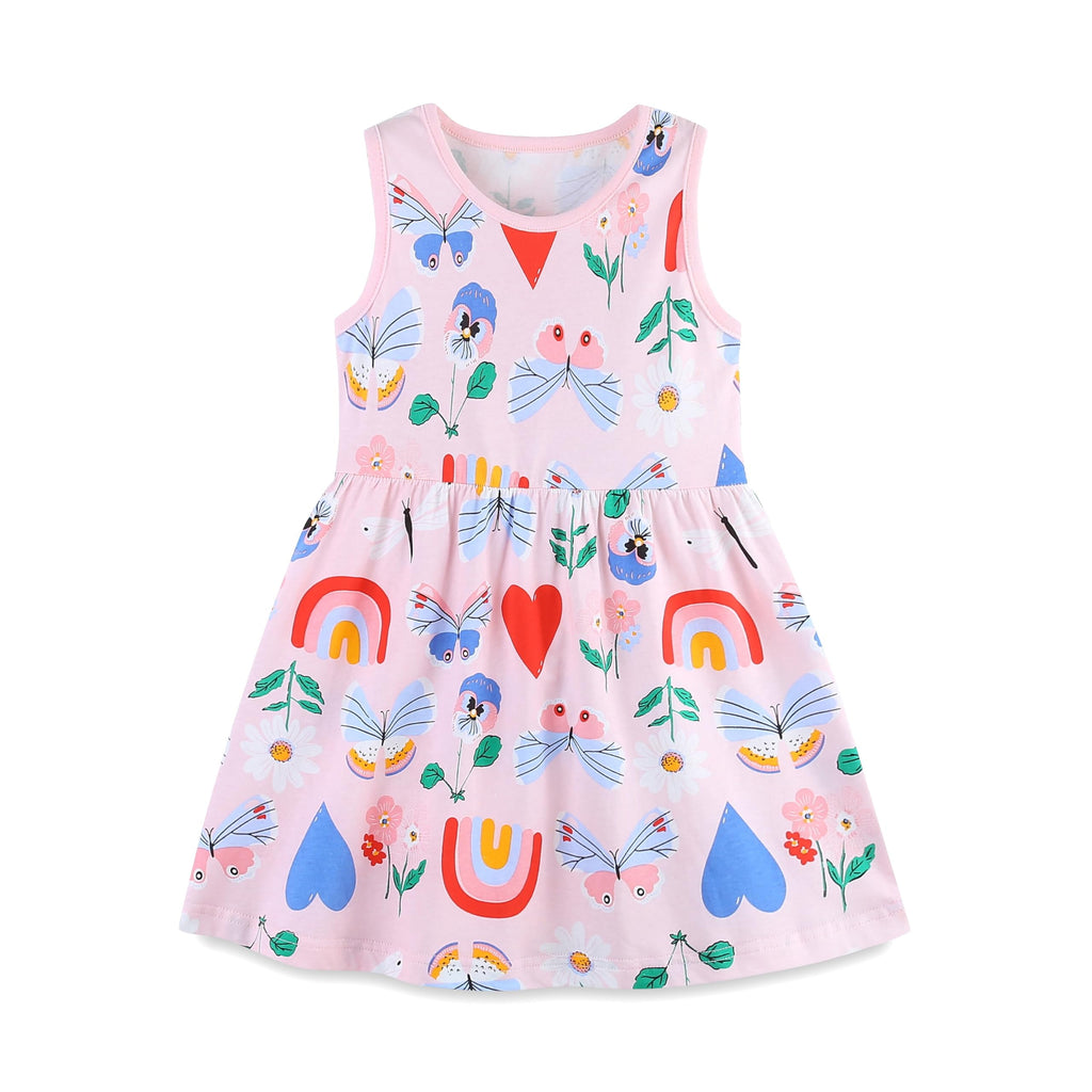 HILEELANG Little Girls Cotton Dress Sleeveless Casual Summer Sundress Flower Printed Jumper Skirt