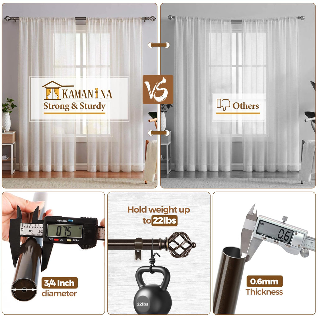 KAMANINA Silver Curtain Rod 32 to 58 Inch(2.6-4.8ft), Adjustable Curtain Rods for Windows 28 to 48 Inch, 3/4 Inch Splicing Drapery Rods with Twisted Cage Finial