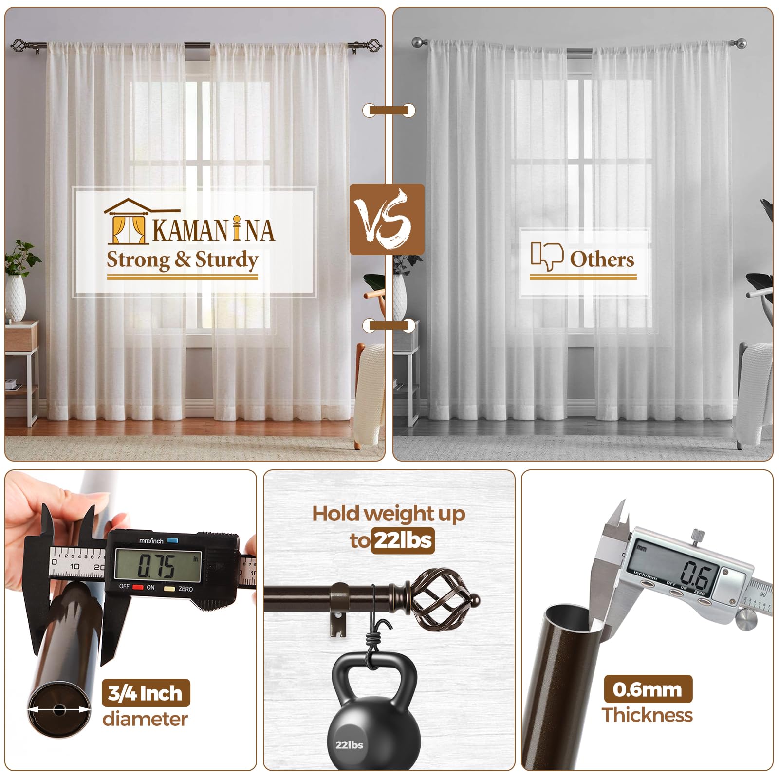 KAMANINA Silver Curtain Rod 32 to 58 Inch(2.6-4.8ft), Adjustable Curtain Rods for Windows 28 to 48 Inch, 3/4 Inch Splicing Drapery Rods with Twisted Cage Finial