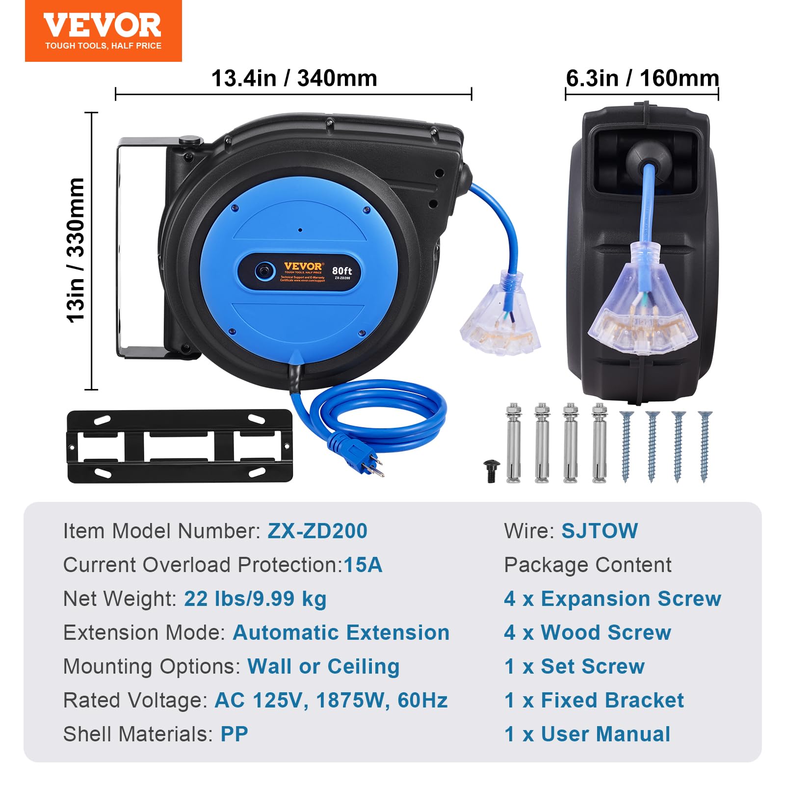 VEVOR Retractable Extension Cord Reel, 30 FT, Heavy Duty 16AWG/3C SJTOW Retractable Power Cord Reel with Lighted Triple Tap Outlet 10 Amp Circuit Breaker 4.5FT Lead-in Cord, for Ceiling or Wall Mount