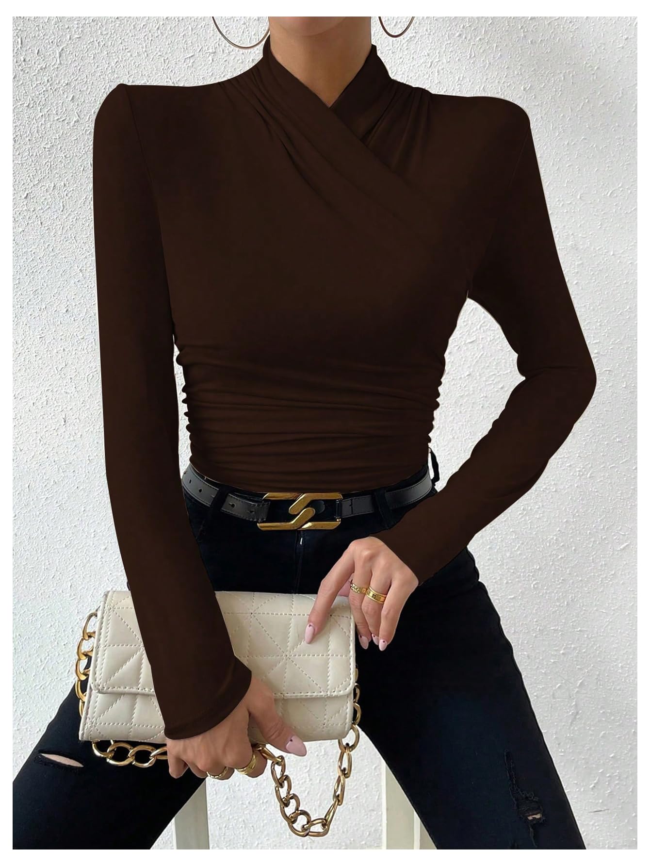 SweatyRocks Women's Ruched Mock Neck Long Sleeve T Shirt Solid Slim Fitted Tee Tops