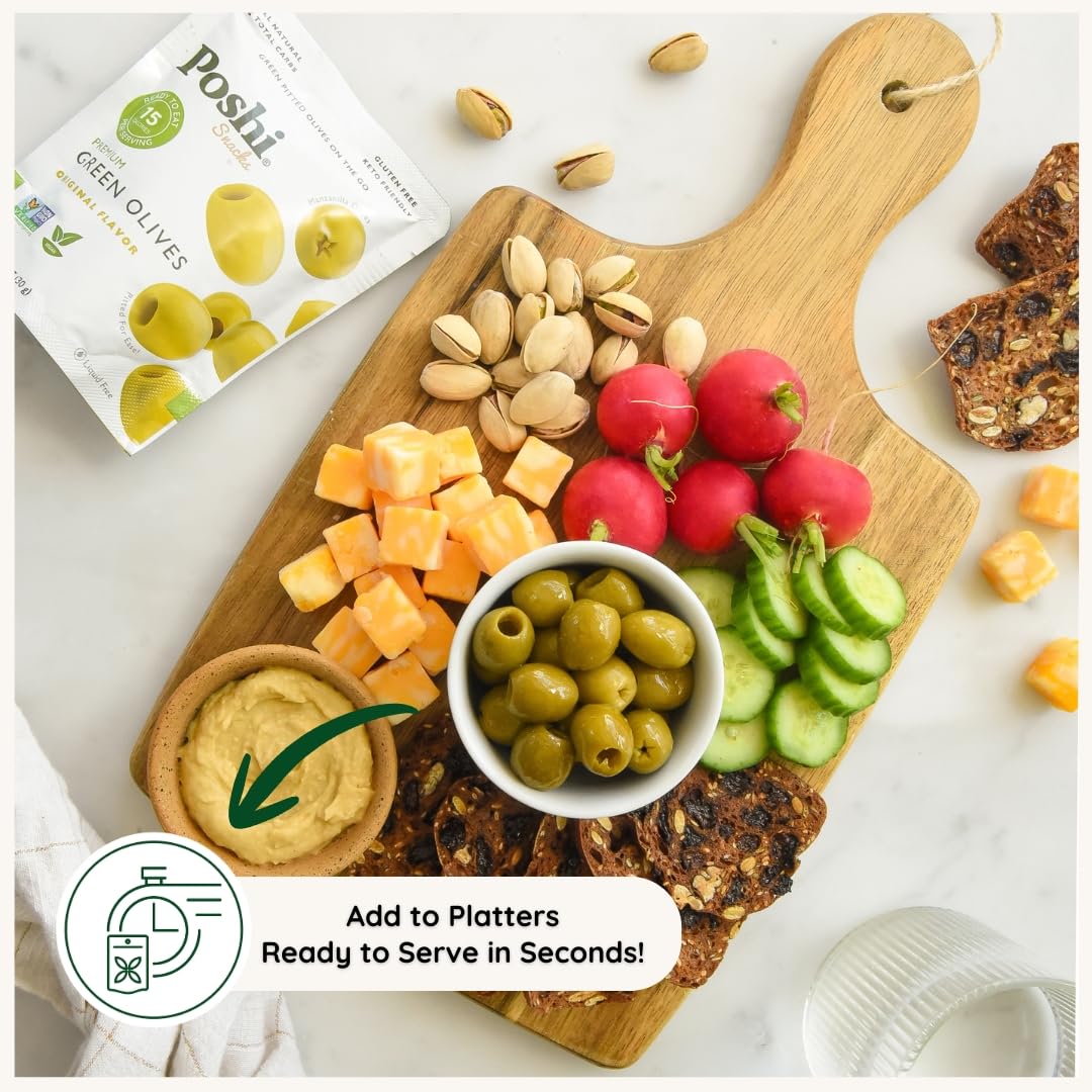 POSHI Green Pitted Olives - Basil & Garlic | Vegan, Kosher, Gluten Free + Keto Friendly, Fresh, Low Calorie Healthy Snacks | (30 Pack, 1.1oz Bags)