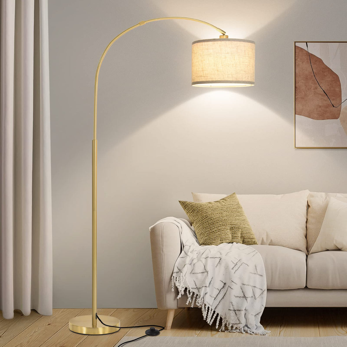 Rattan Floor Lamp, Arc Floor Lamps for Living Room, Farmhouse Standing Lamp with Adjustable Hanging Fabric Shade, Tall Pole Lamp with Foot Switch, Over Couch Arched Reading Light for Bedroom, Office