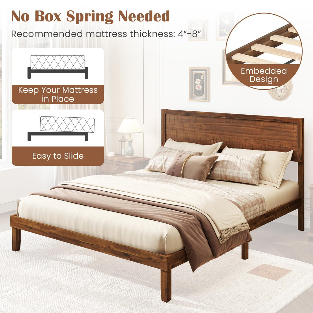 Giantex Wood Twin Bed Frames with Headboard, Solid Acacia Wood Platform Bed with 12 Strong Wooden Slat Support, Scandinavian Style Art Deco Twin Size Bed Frame, No Box Spring Needed, Rustic Brown