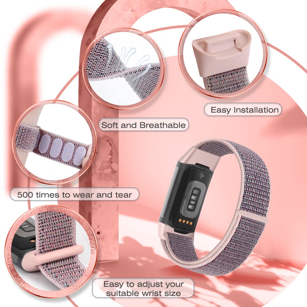 Sport Loop Nylon Watch Bands Compatible with Fitbit Charge 6/5, Adjustable Breathable Replacement Soft Nylon Loop Wristband for Women/Men