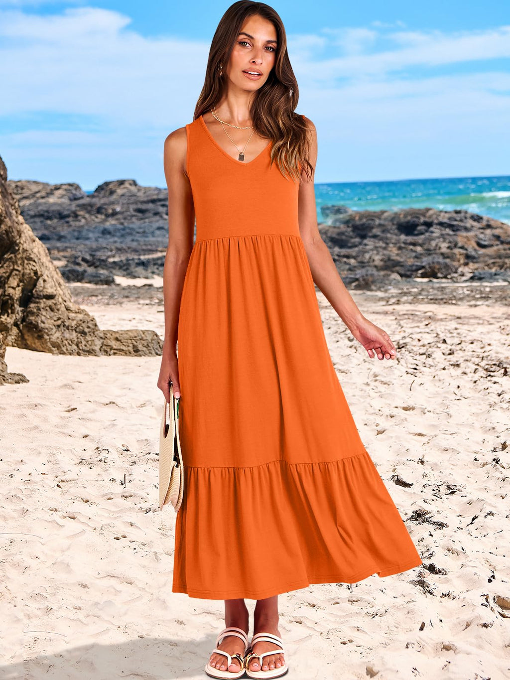 ANRABESS Women Summer Maxi Dresses A-line Tiered Flowy V Neck Sleeveless Swing 2026 Casual Beach Travel Sundress with Pockets