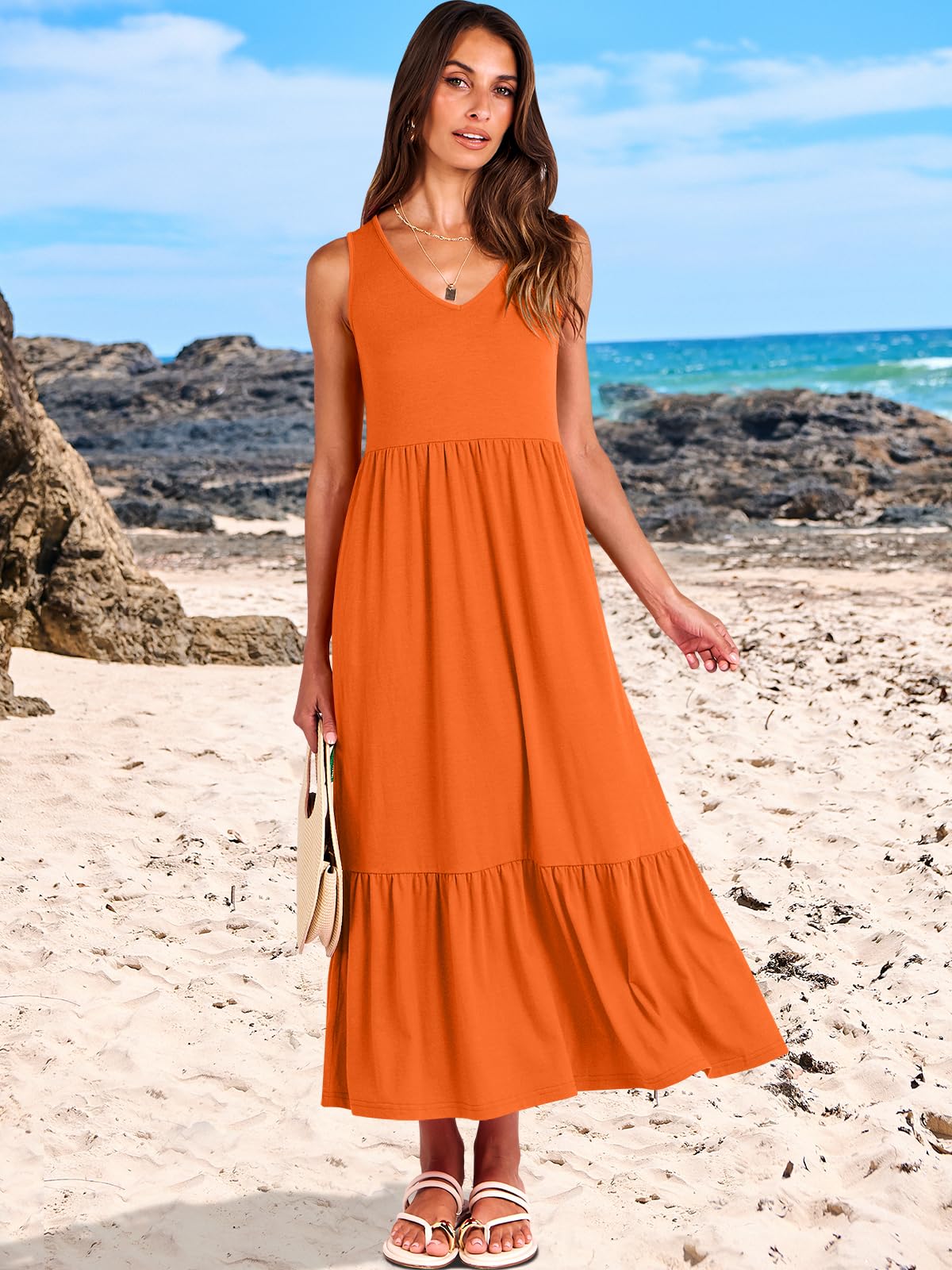 ANRABESS Women Summer Maxi Dresses A-line Tiered Flowy V Neck Sleeveless Swing 2026 Casual Beach Travel Sundress with Pockets