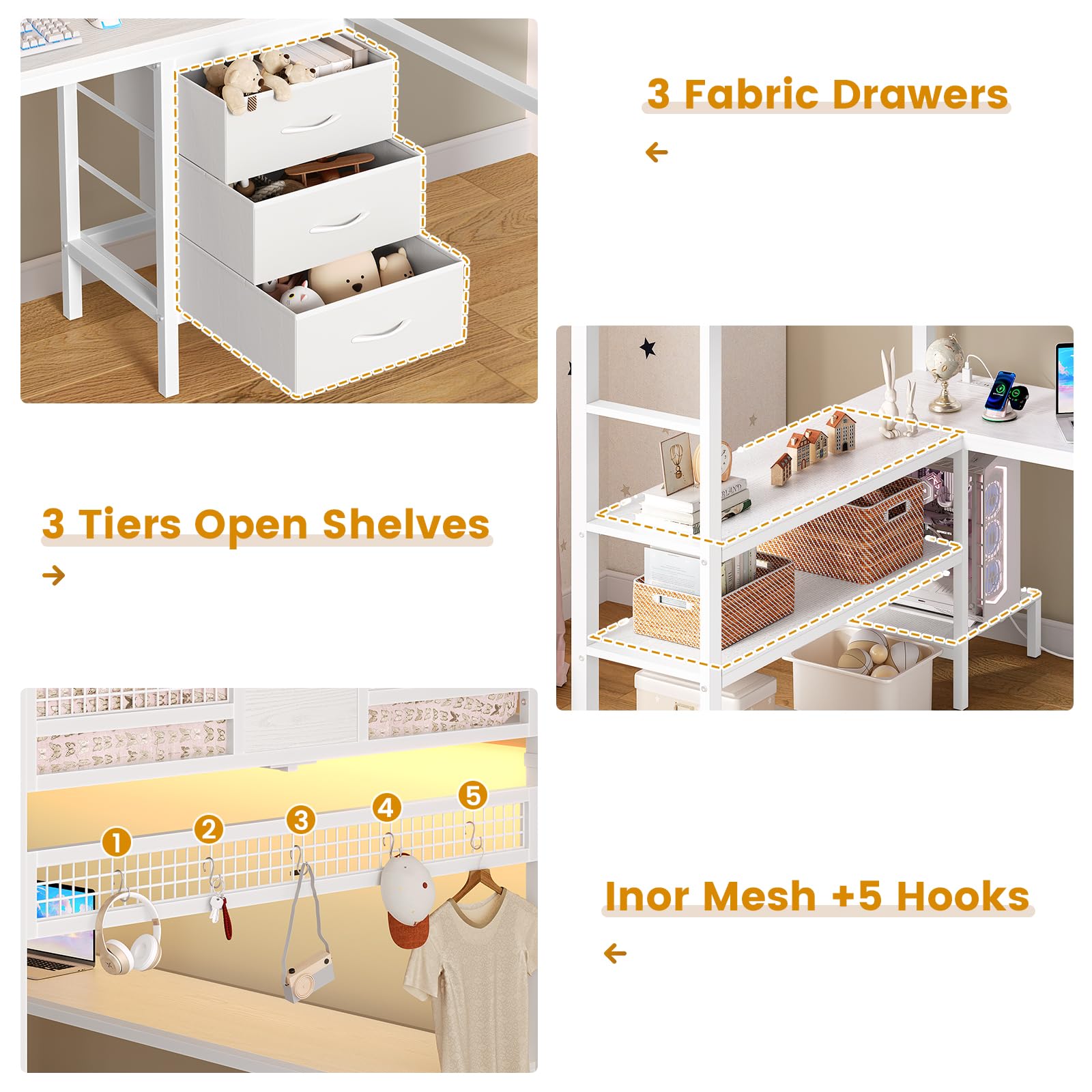 ADORNEVE Loft Bed Full Size with L-Shaped Desk, 3 Storage Drawers, Power Outlet, 3 Storage Shelves, Metal Loft Bed Frame with RGB Lights, Bed with Safety Guardrail & Ladders,Space-Saving, Grey