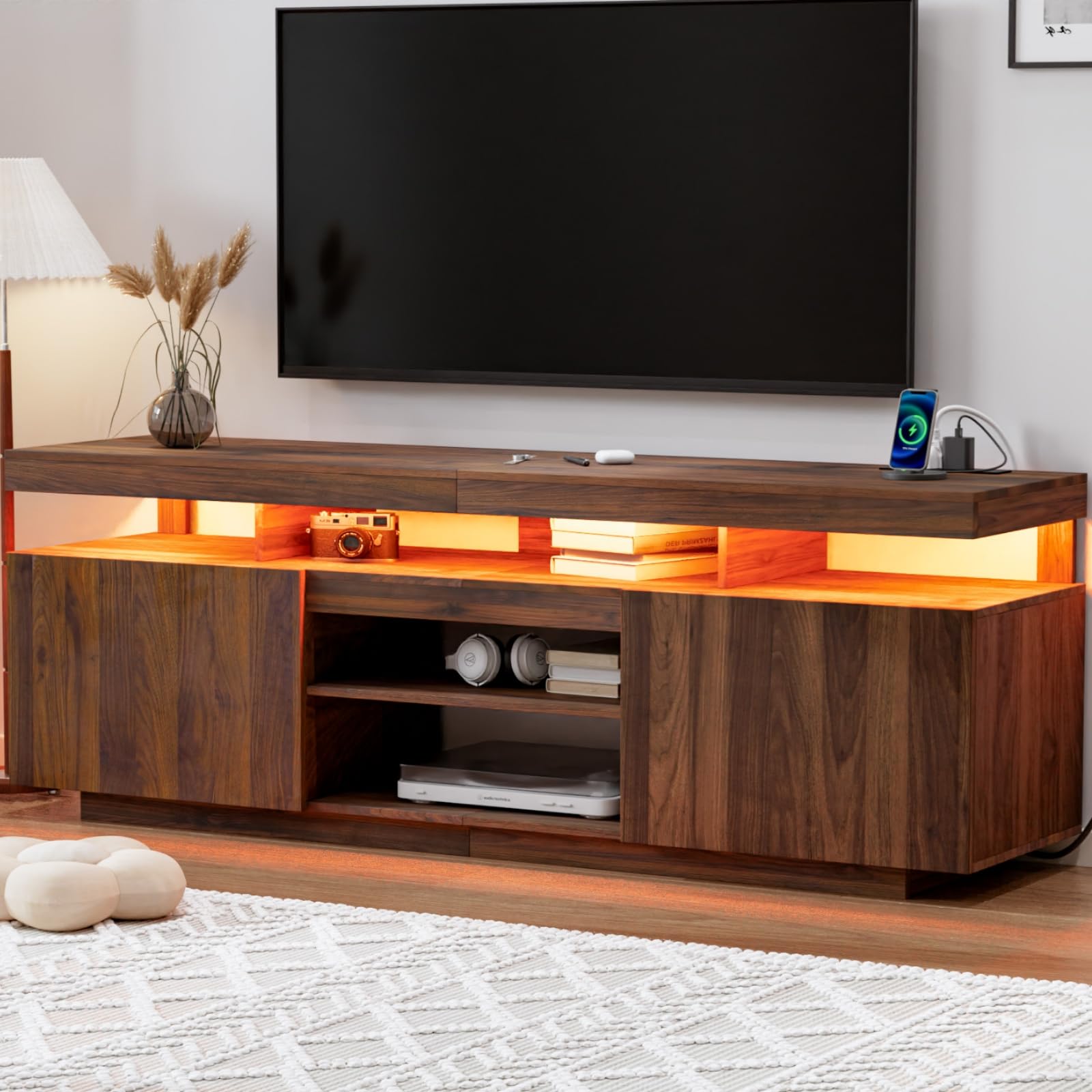 HOMMPA Modern LED TV Stand for 55 Inch TV, Black Tall TV Console with Power Outlet, Entertainment Center with Storage, High Gloss Gaming Media Console Cabinet for Living Room (47 Inch)