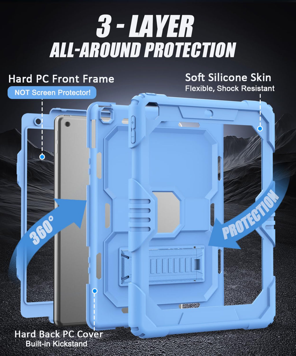 OKP Case for iPad 9th/ 8th/ 7th Generation (2021/2020/2019), Heavy Duty 10.2 inch iPad Shockproof Rugged Protective Cover with Built-in Stand, Hard iPad 9 8 7 Gen Cases for Kids Girls Boys, Black