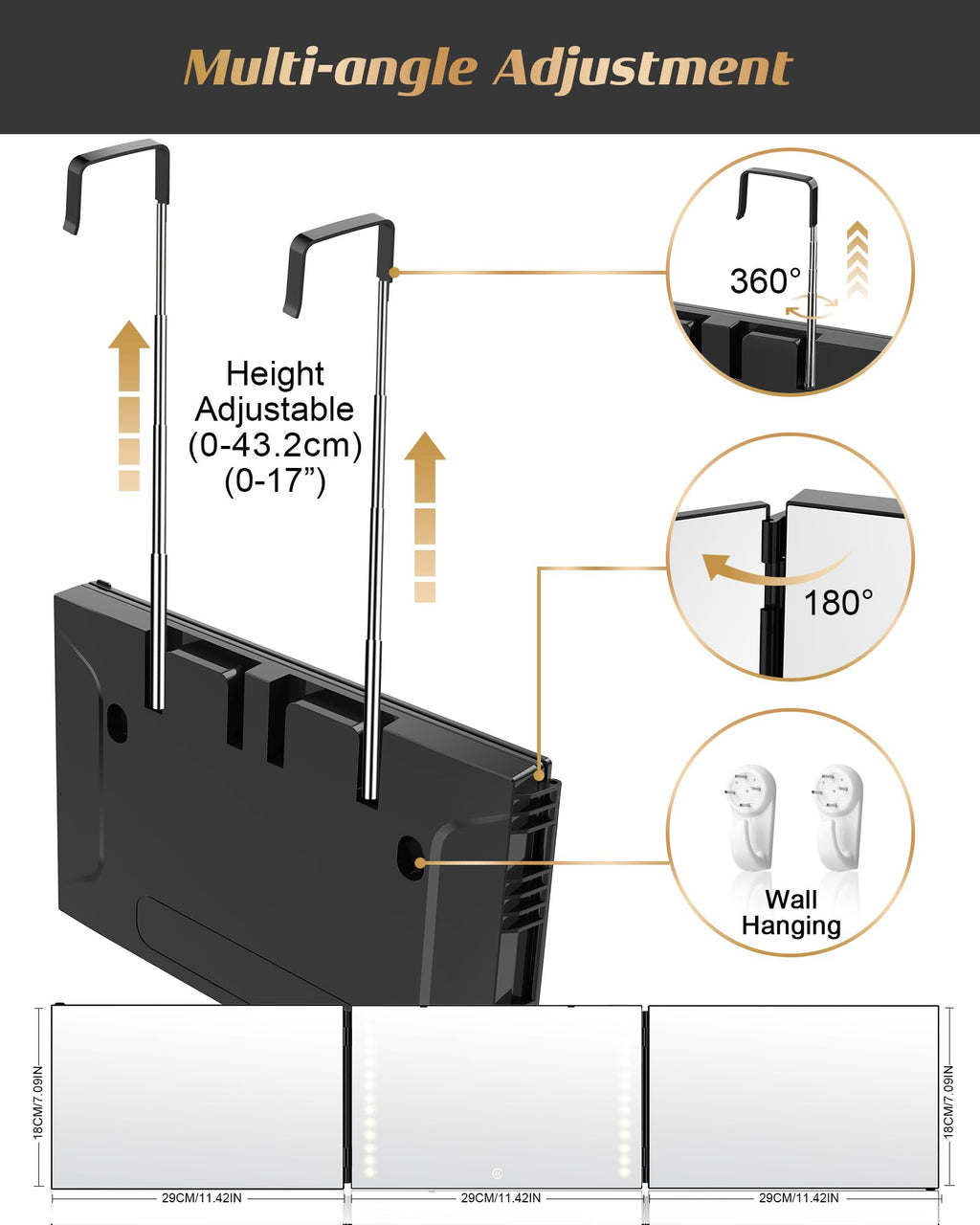 JUSRON 360 Viewing Angle Self Hair Cutting Mirror, Clear Anti-Fog HD Glass, USB Rechargeable, Easy to Use, Height Adjustable, Portable, Good Choice for Gifts
