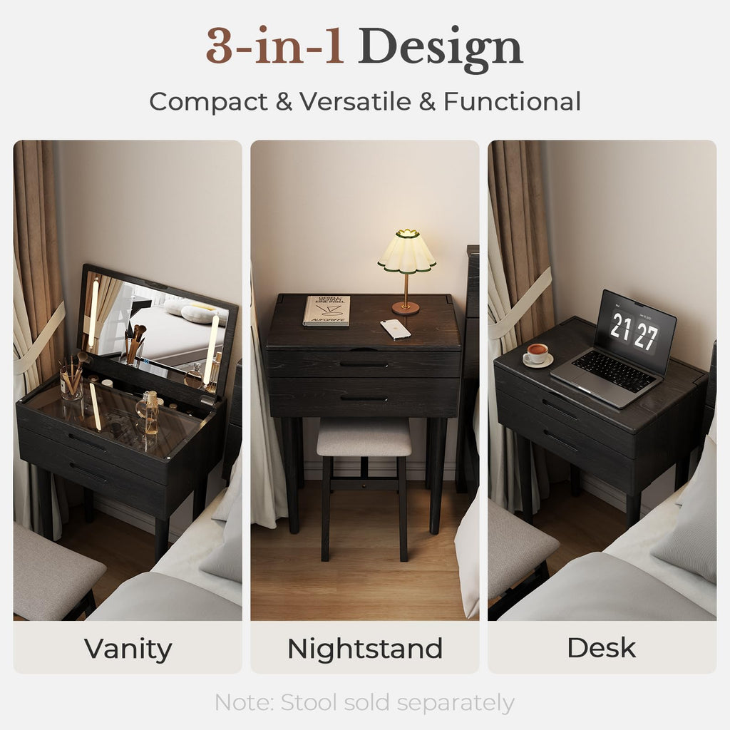 Muwuele Solid Wood Small Vanity Desk with Mirror and Lights, Narrow Makeup Vanity for Small Space, Flip Top Vanity Side Table, 3 Color Modes & Adjustable Brightness, 19.6" Slim Dressing Table, Black