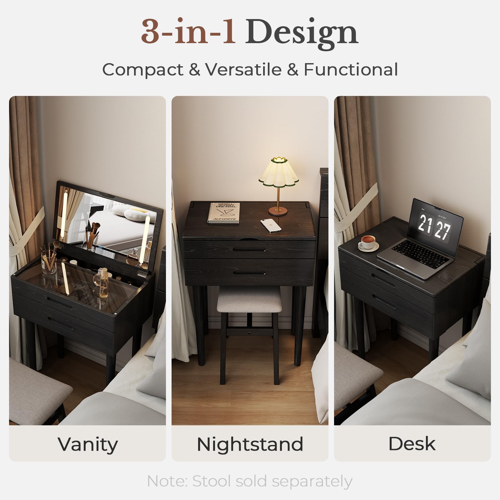 Muwuele Solid Wood Small Vanity Desk with Mirror and Lights, Narrow Makeup Vanity for Small Space, Flip Top Vanity Side Table, 3 Color Modes & Adjustable Brightness, 19.6" Slim Dressing Table, Black