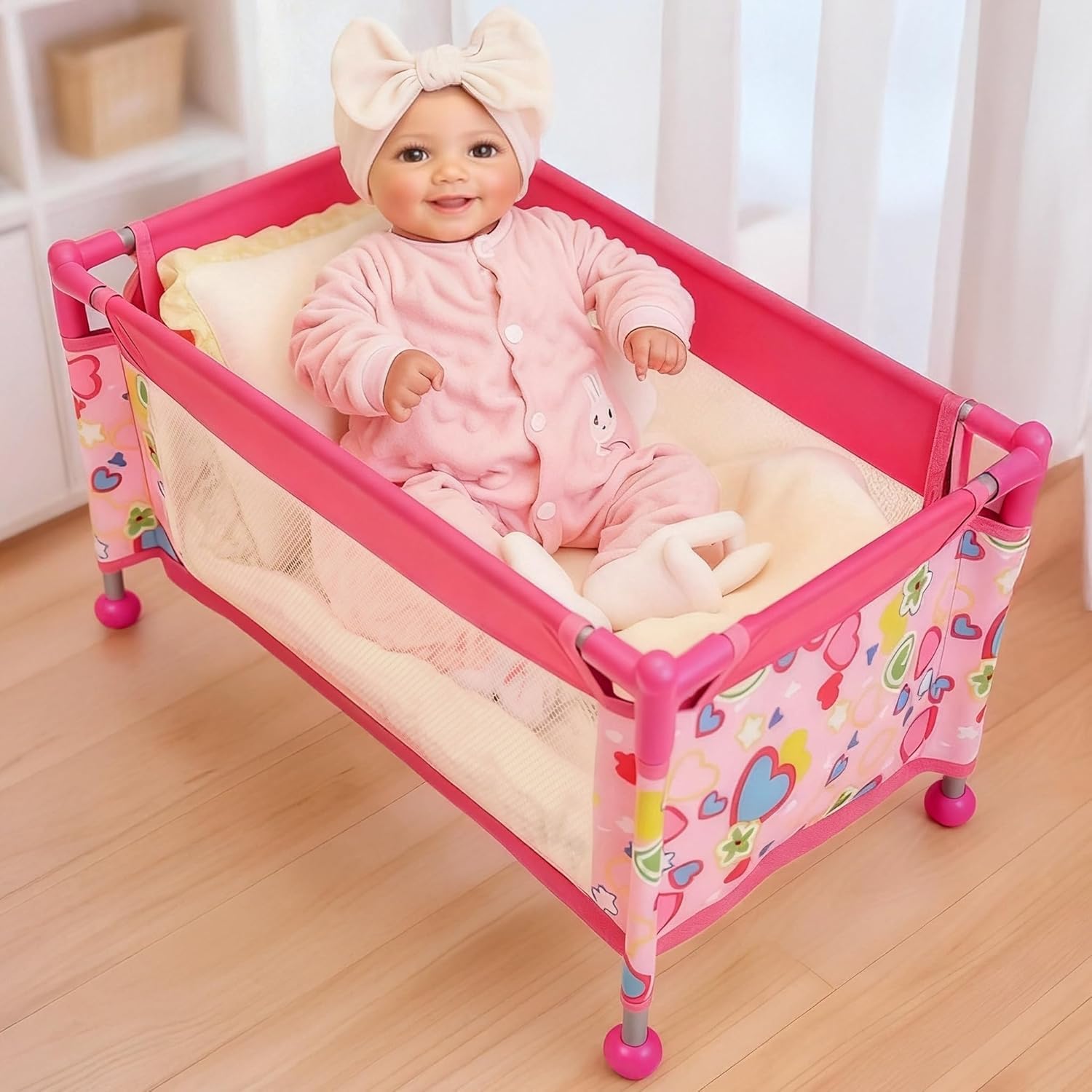 BABESIDE Baby Doll Crib Set for 18 Inch Dolls, Baby Doll Bed Playpen Toy Crib with Storage Bag for Reborn Baby Doll Accessories