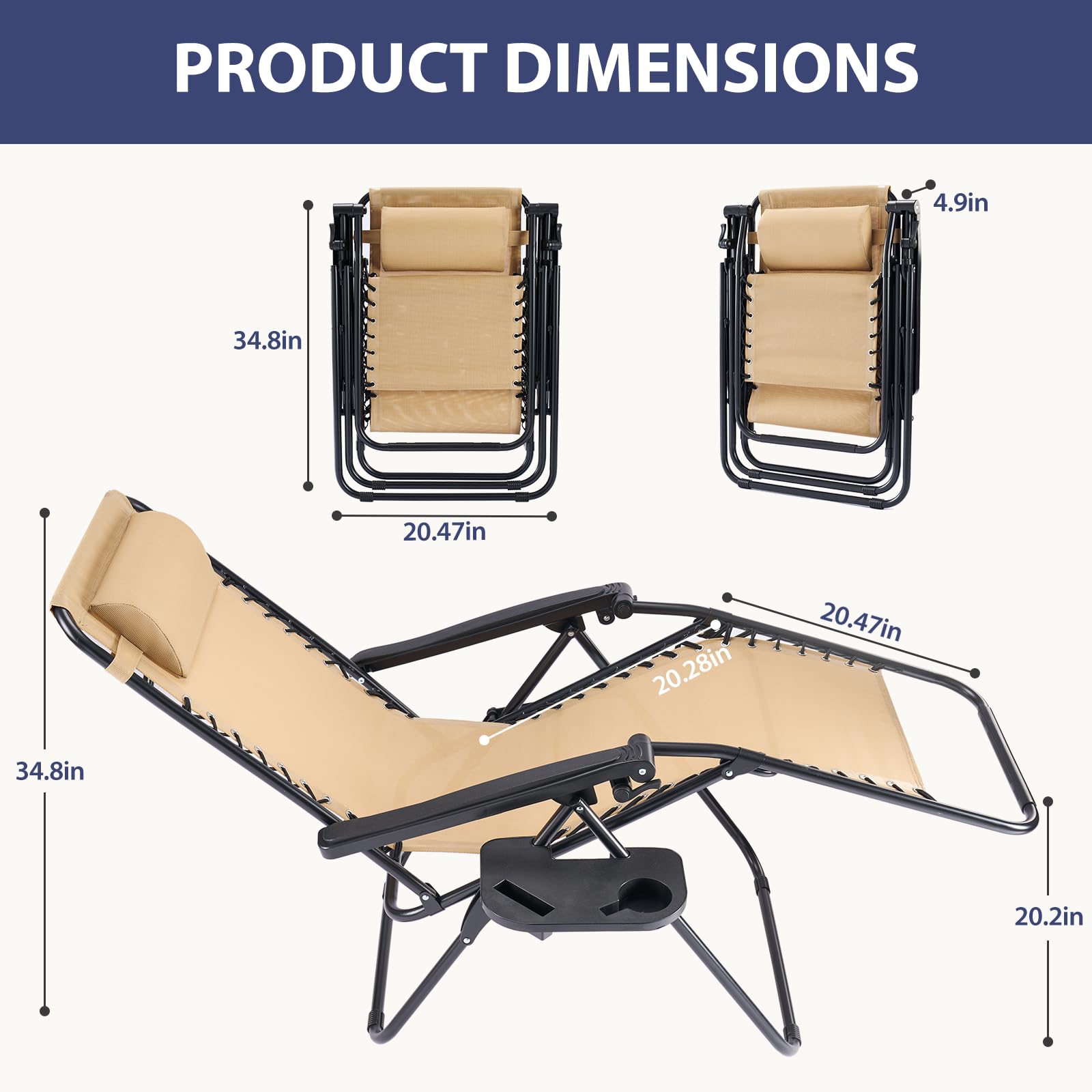 Sweetcrispy Zero Gravity Chairs, Set of 4 Portable Recliner Beach Camping Patio Outdoor Folding Lounge Chair with Cup Holder Trays and Adjustable Pillow for Poolside, Garden, Backyard, Lawn, Black