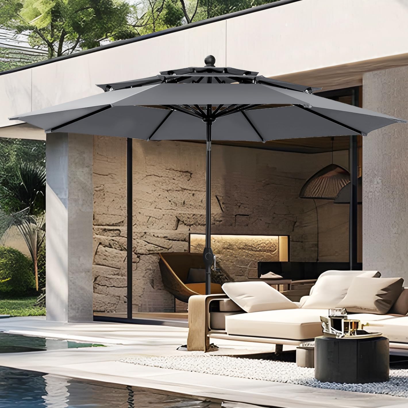 PHI VILLA 10ft Patio Umbrellas, Outdoor 3 Tier Vented Large Market Table Umbrella with 8 Sturdy Ribs and 1.5" Umbrellla Pole for Lawn Poolside Garden Terrace, Beige(No Base)