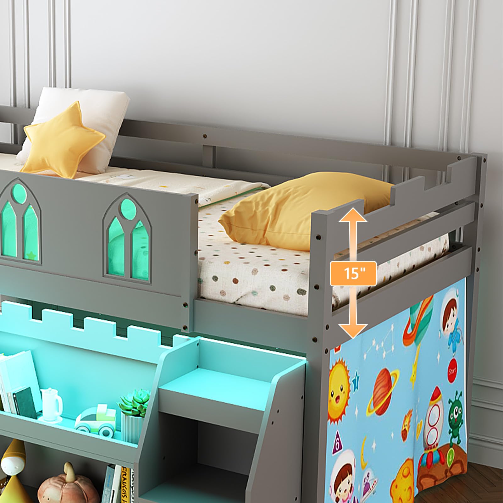 JOYMOR Low Loft Bed Twin Size with LED Lights, 4 Storage Shelves, Removable Curtain, Kids Wood Loft Bed with 15" H Safety Guardrail, Spave Saving, Mattress Not Included (Gray)