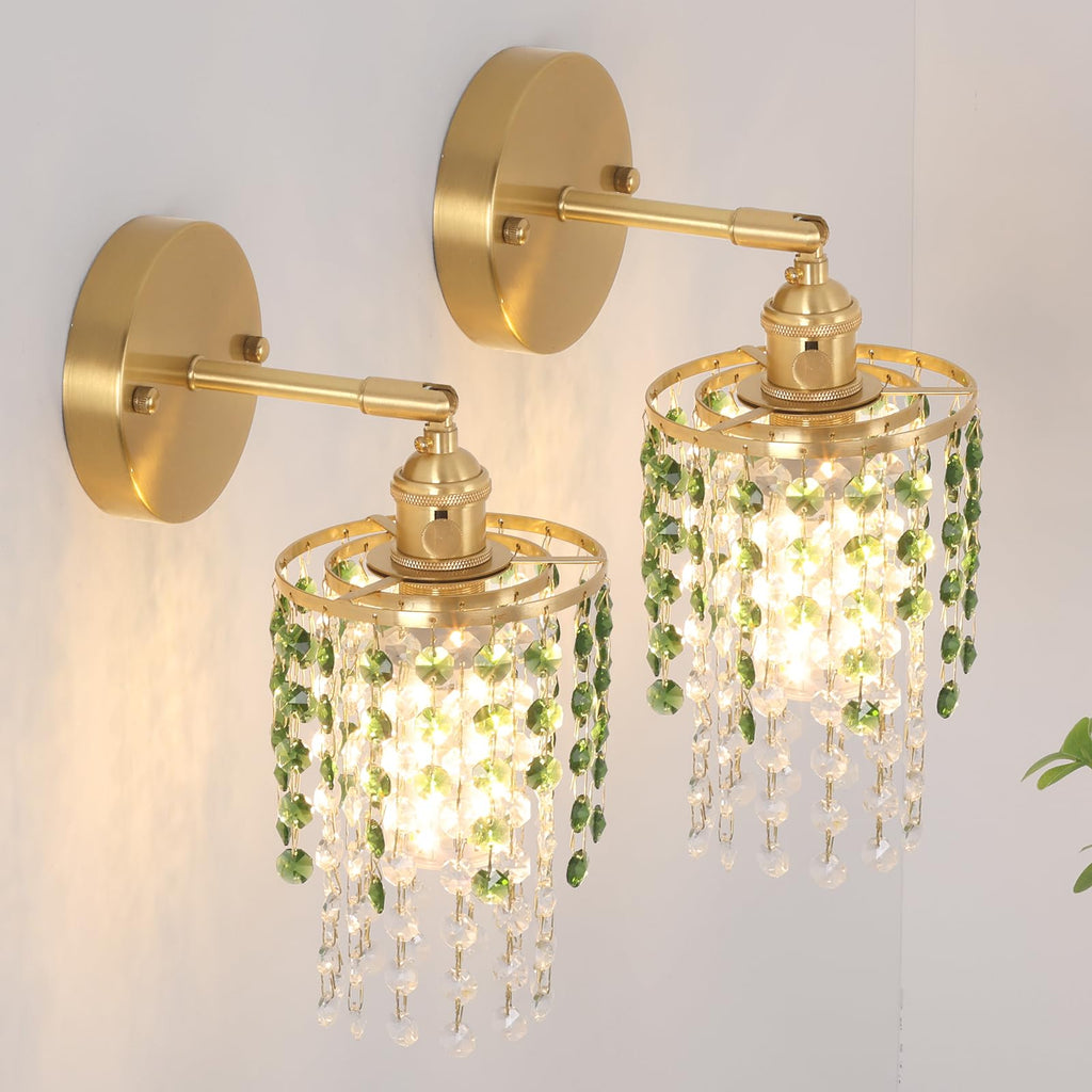 Shenmoyl Set of 2 Crystal Battery Operated Wall Sconce, Rechargeable Battery Powered Wall Lamp with Remote Control, Modern Dimmable Wall Lights for Bedroom Bathroom(Green, Gold Base)