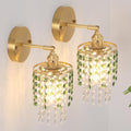 Shenmoyl Set of 2 Crystal Battery Operated Wall Sconce, Rechargeable Battery Powered Wall Lamp with Remote Control, Modern Dimmable Wall Lights for Bedroom Bathroom(Green, Gold Base)