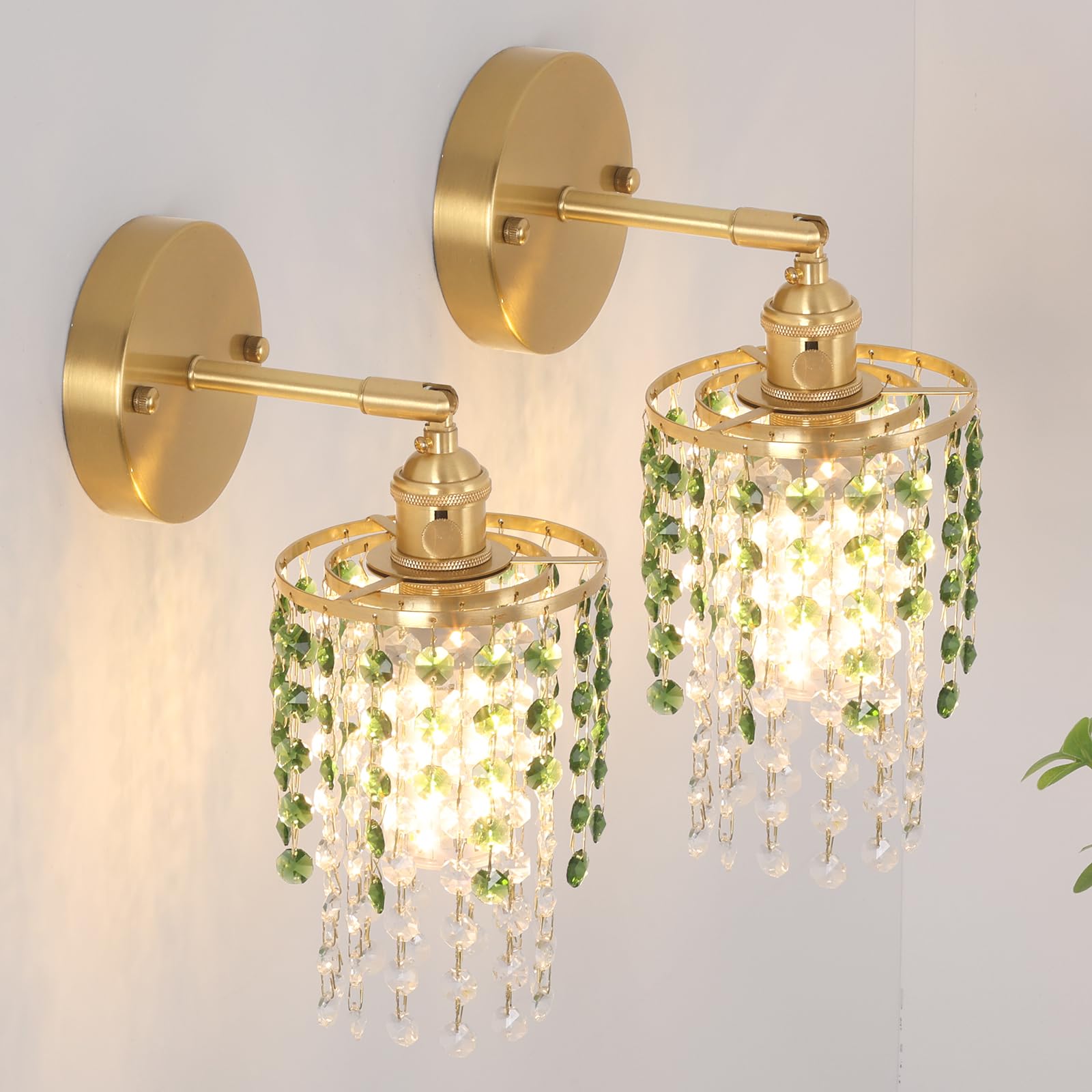Shenmoyl Set of 2 Crystal Battery Operated Wall Sconce, Rechargeable Battery Powered Wall Lamp with Remote Control, Modern Dimmable Wall Lights for Bedroom Bathroom(Green, Gold Base)