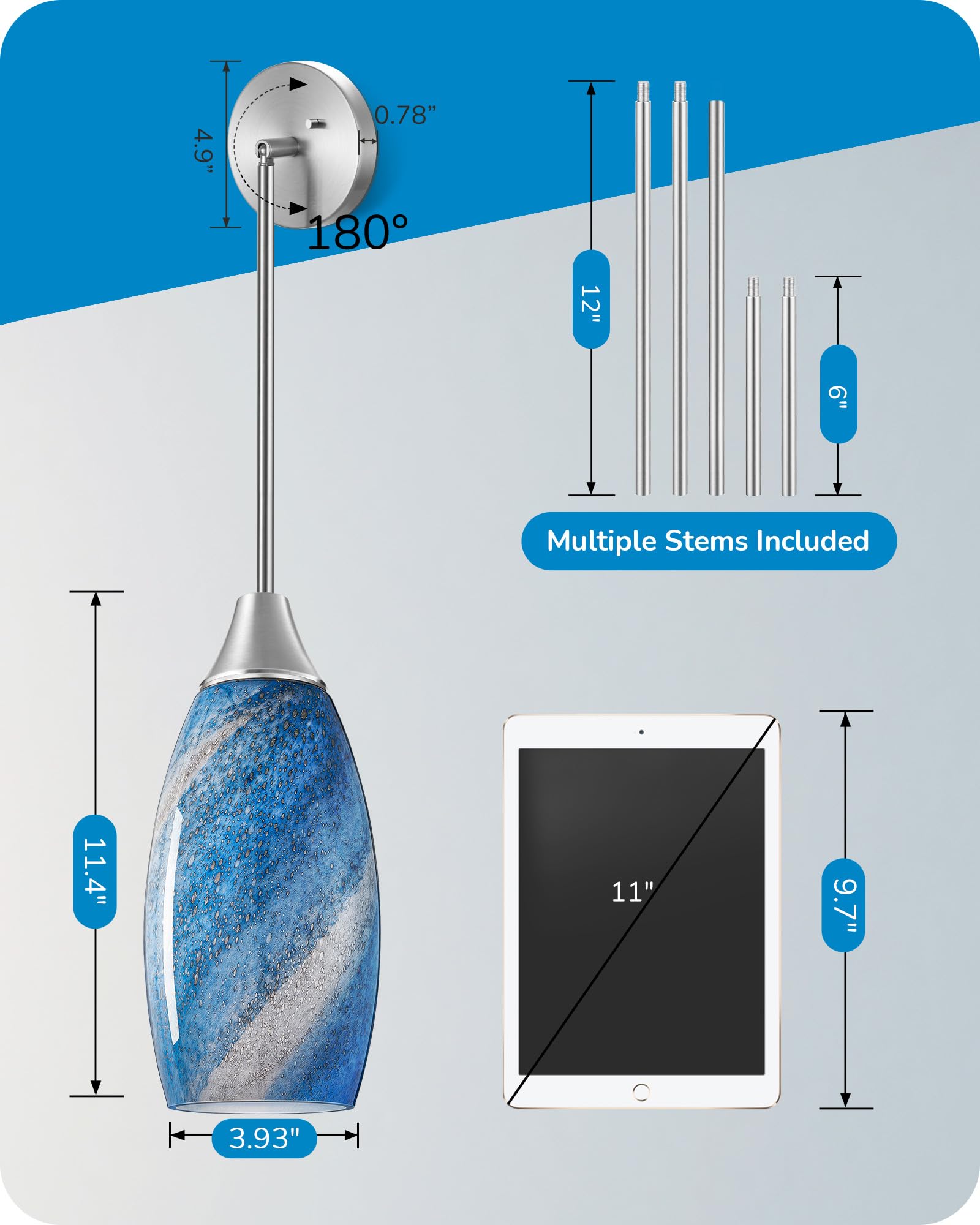 EDISHINE Pendant Light, Hand Blown Hanging Light Fixture, Adjustable Brushed Nickel Rods, 5.12" D x 11.4" H Shade, Blue Glass Pendant Lighting for Kitchen Island, Sink, Bathroom, Dining Room