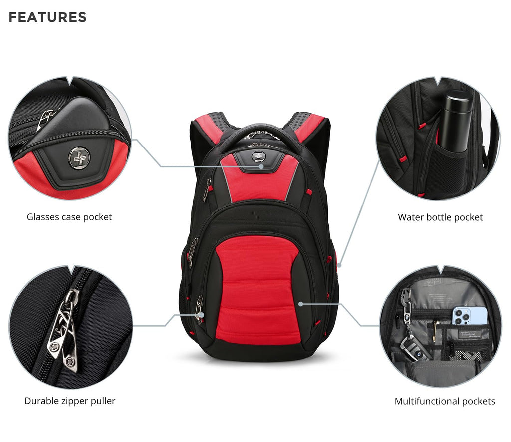 Swissdigital Design Travel Backpack for Women or Men, TSA Friendly USB Charging RFID Protection Business Carry on Bag Fits 15.6" Laptop Backpack Black | J14-BR