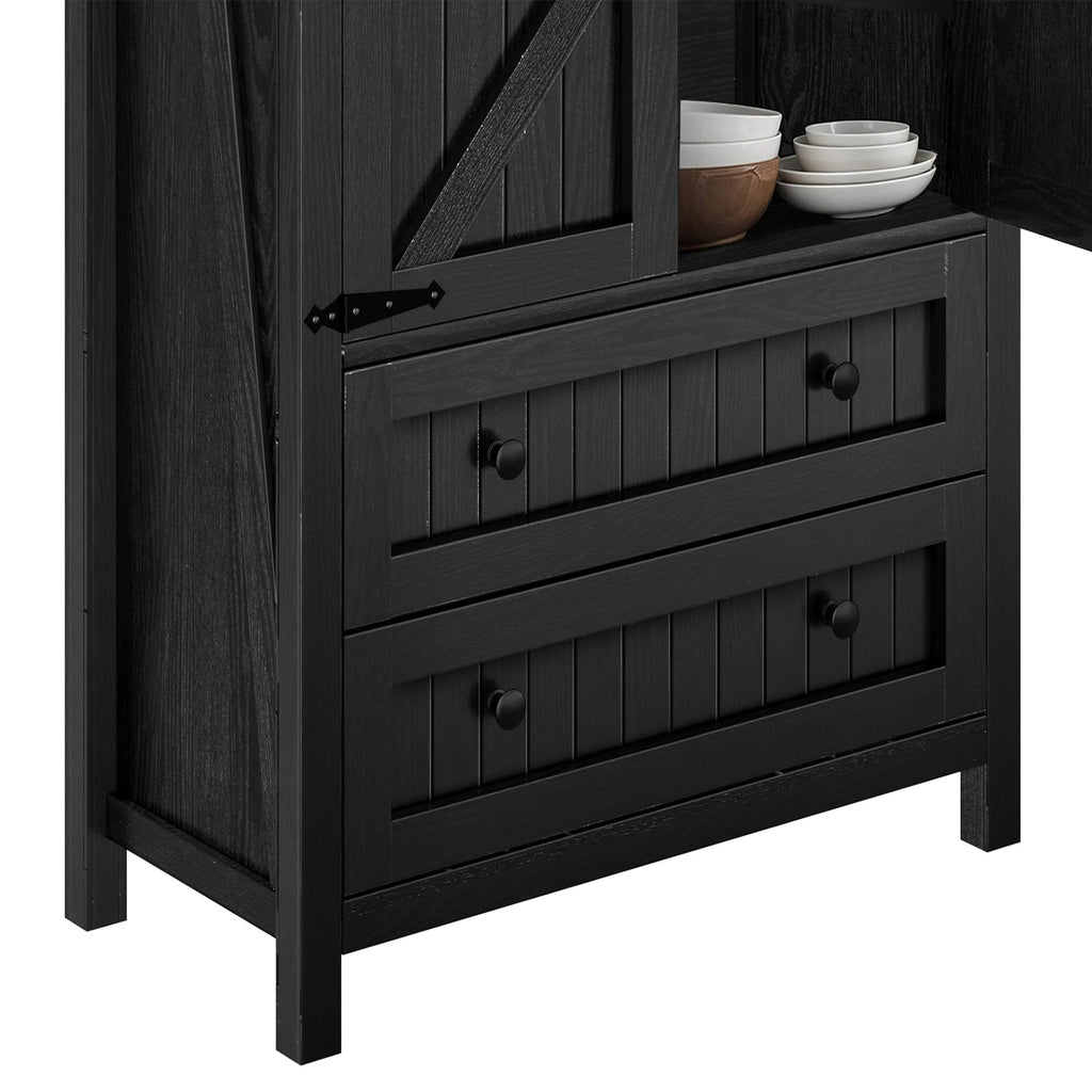 DWVO Farmhouse Kitchen Pantry Cabinet, 64.5" Tall Storage Cabinet with 2 Drawers and Adjustable Shelves, Versatile Storage for Living Room, Dining Room or Hallway, Oak Black