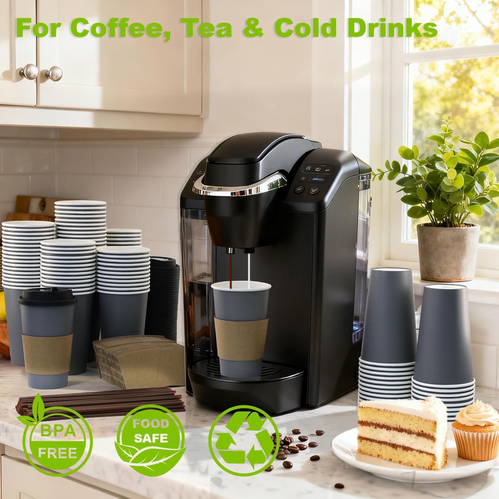 16 oz 100 Pack Corrugated Ripple Wall Disposable Coffee Cups with Lids and Straws, Heavy Duty Insulated Cups for Hot Beverage or Cold Drinks, Bulk for Restaurants, Offices, Coffee Shops(Black)