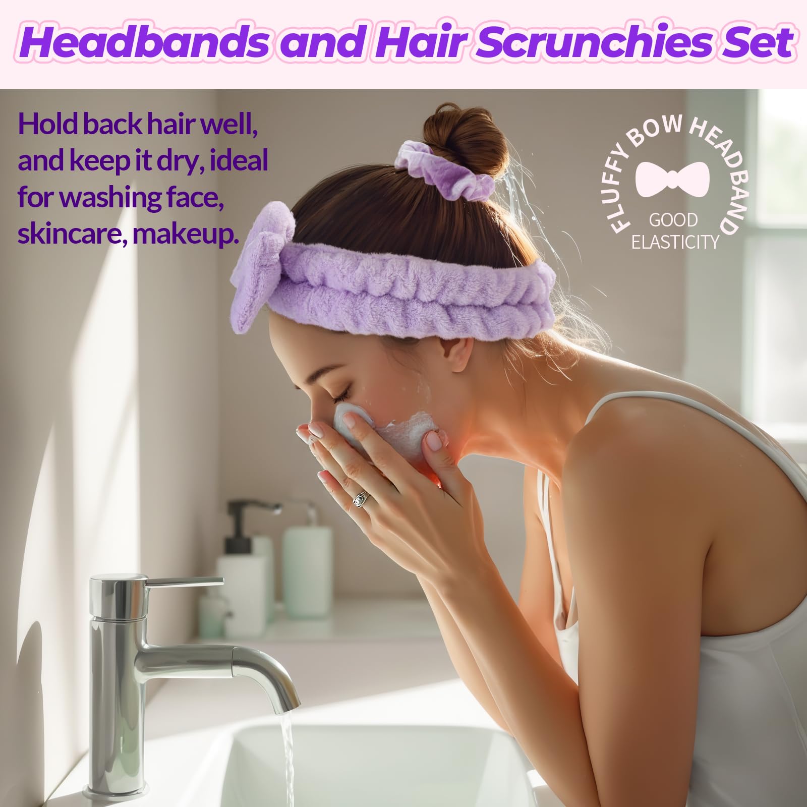 LEOBRO Spa Headband, 6pcs Makeup Headbands and Hair Scrunchies, Bow Skin Care Headband for Washing Face for Teen Girls Women, Easter Basket Valentines Gifts for Girls, Black & White & Gray