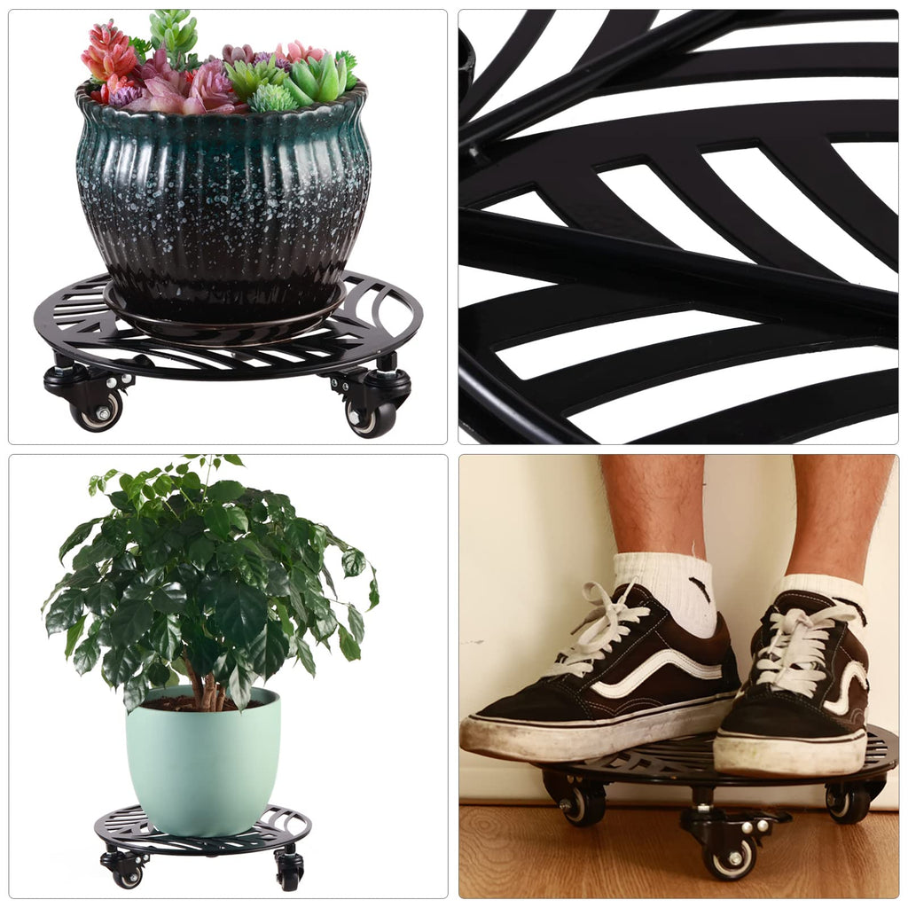 1 Pack 12 inches Large Metal Plant Caddy with 3 PU Metal Wheels Rolling Plant Stand with Casters Indoor Outdoor Wheeled Planter Roller Base Pot Movers Plant Dolly Coaster Trolley Black
