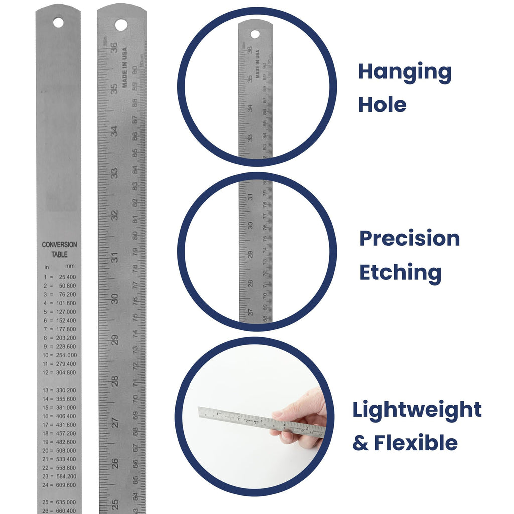 2 Pack Pacific Arc 12 Inch Stainless Steel Ruler with Inch/Metric Conversion Table